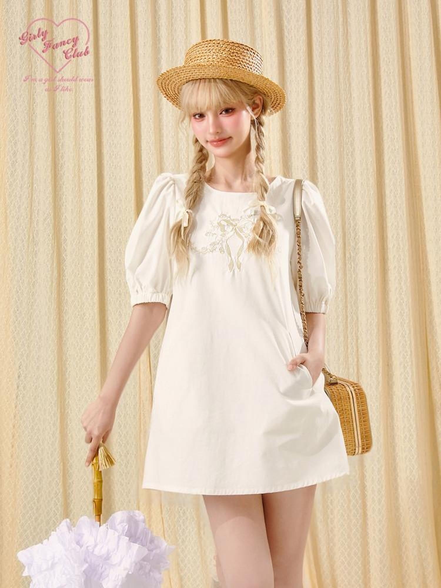 Girly Fancy Club French Court Embroidered Puff Sleeve Doll Women's Tencel Casual Mini Dresses