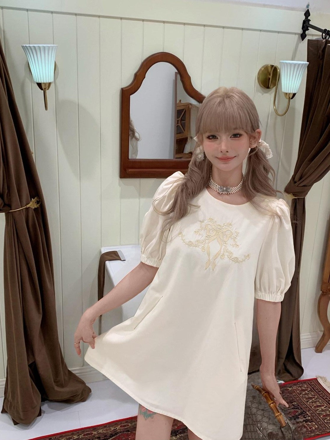 Girly Fancy Club French Court Embroidered Puff Sleeve Doll Women's Tencel Casual Mini Dresses