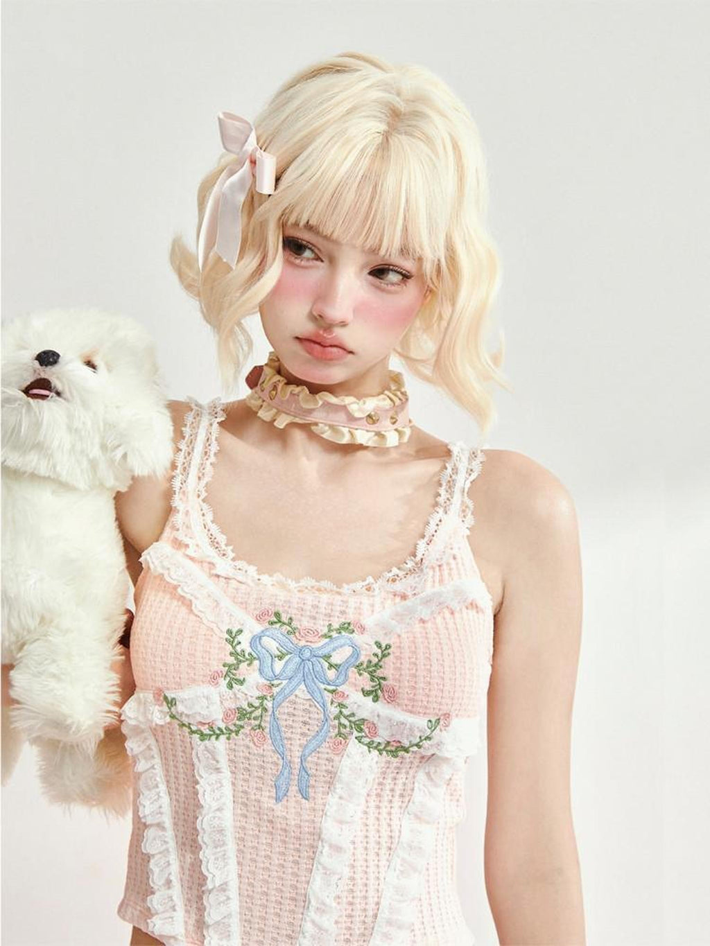 Girly Fancy Club French Embroidered Lace Trim Women's Polyester Cotton Casual Top & Shorts Sets