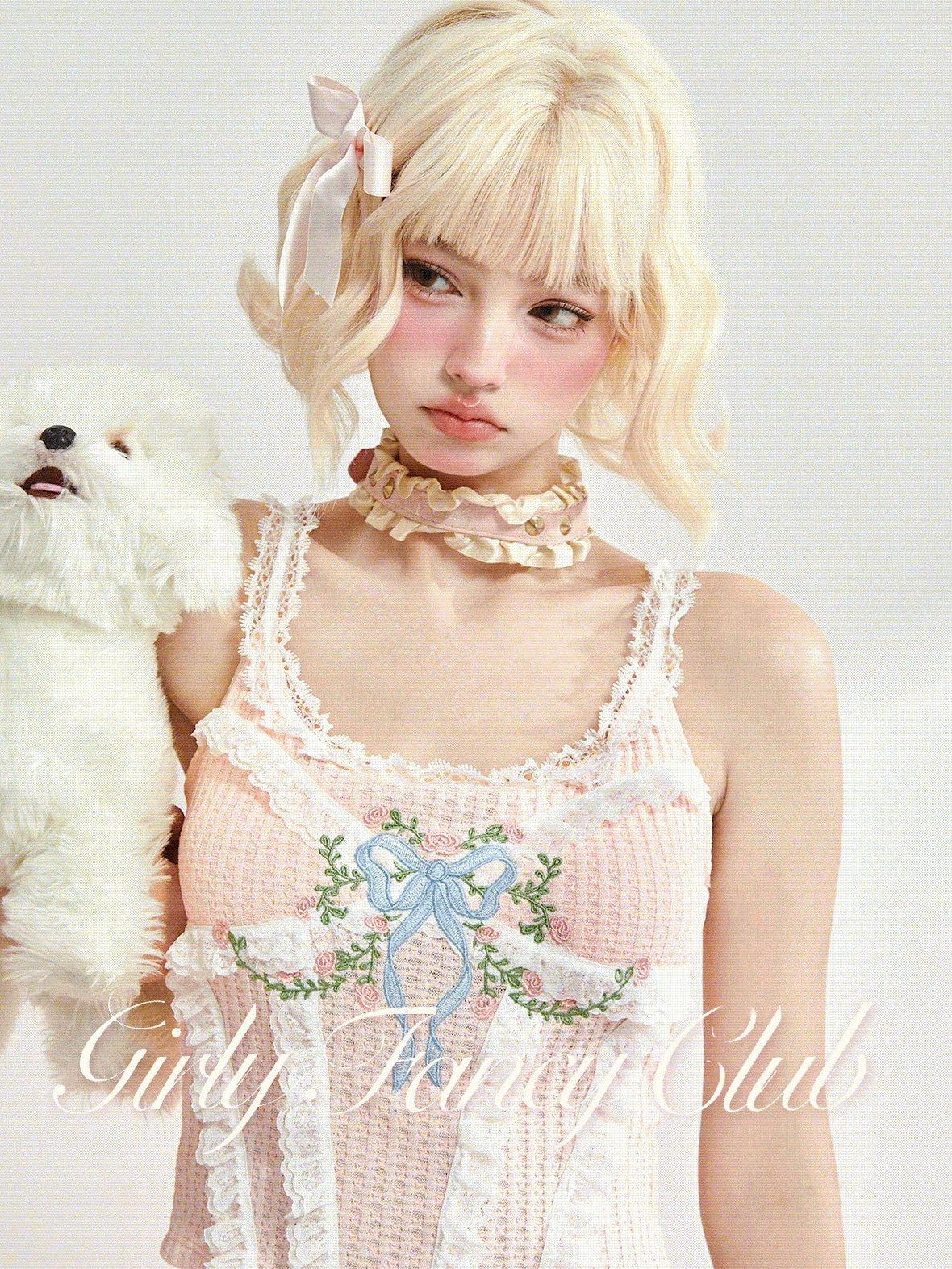 Girly Fancy Club French Embroidered Lace Trim Women's Polyester Cotton Casual Top & Shorts Sets