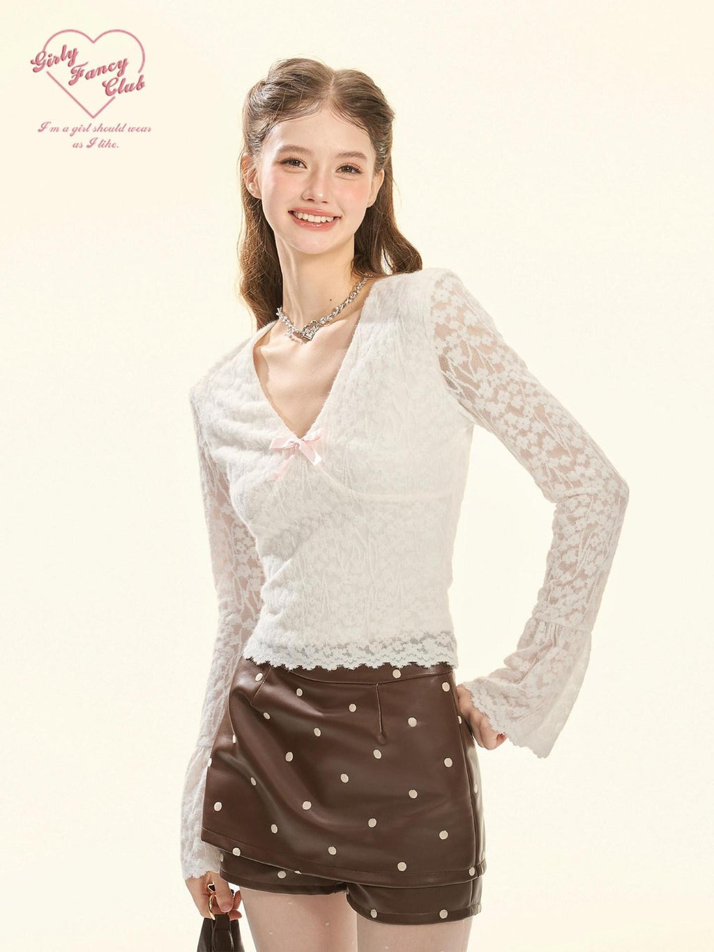 Girly Fancy Club Frost Cloud Flocked Cutout Lace V-neck Bell Sleeve Women's Long Sleeve T-shirts