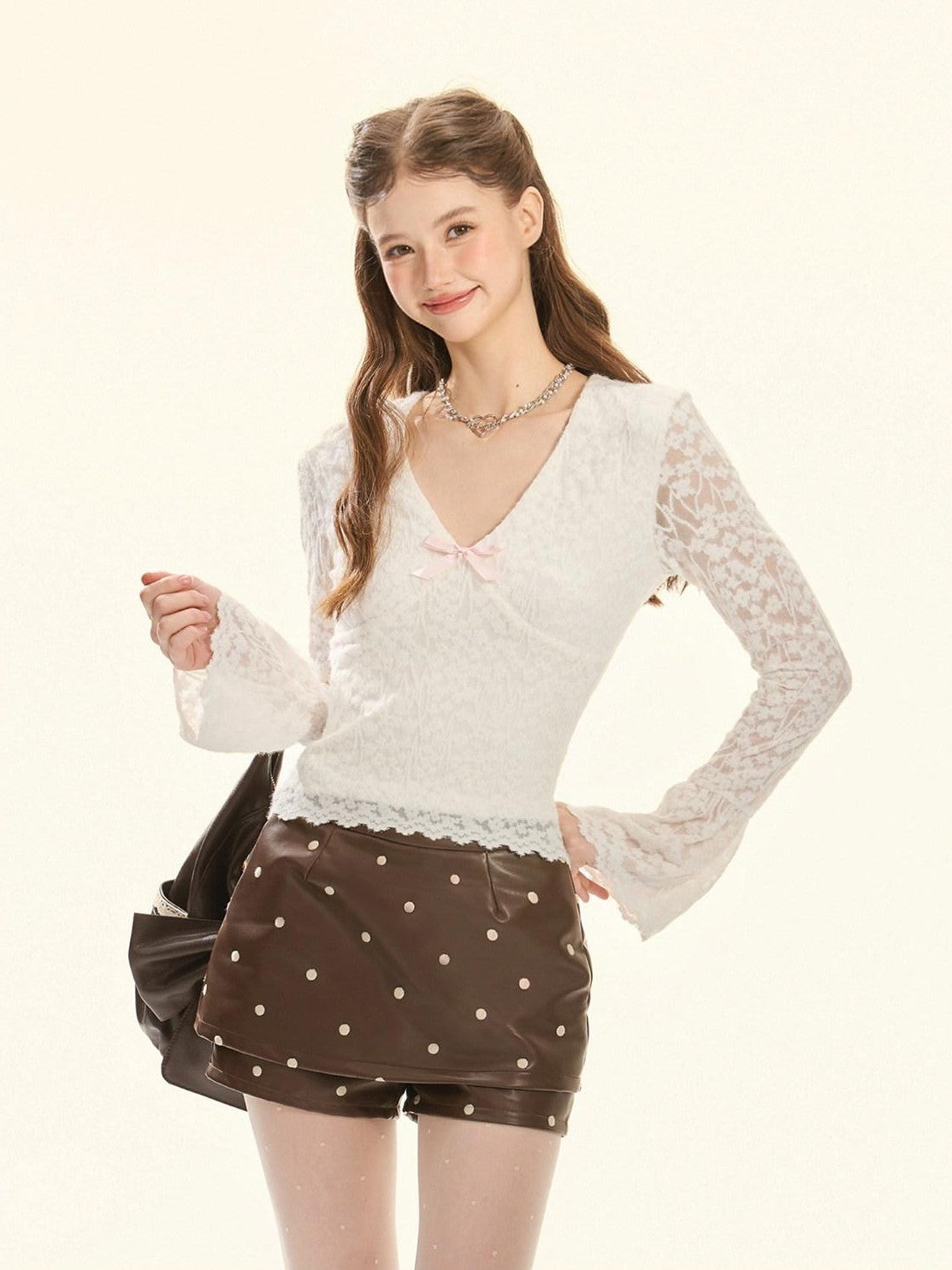 Girly Fancy Club Frost Cloud Flocked Cutout Lace V-neck Bell Sleeve Women's Long Sleeve T-shirts
