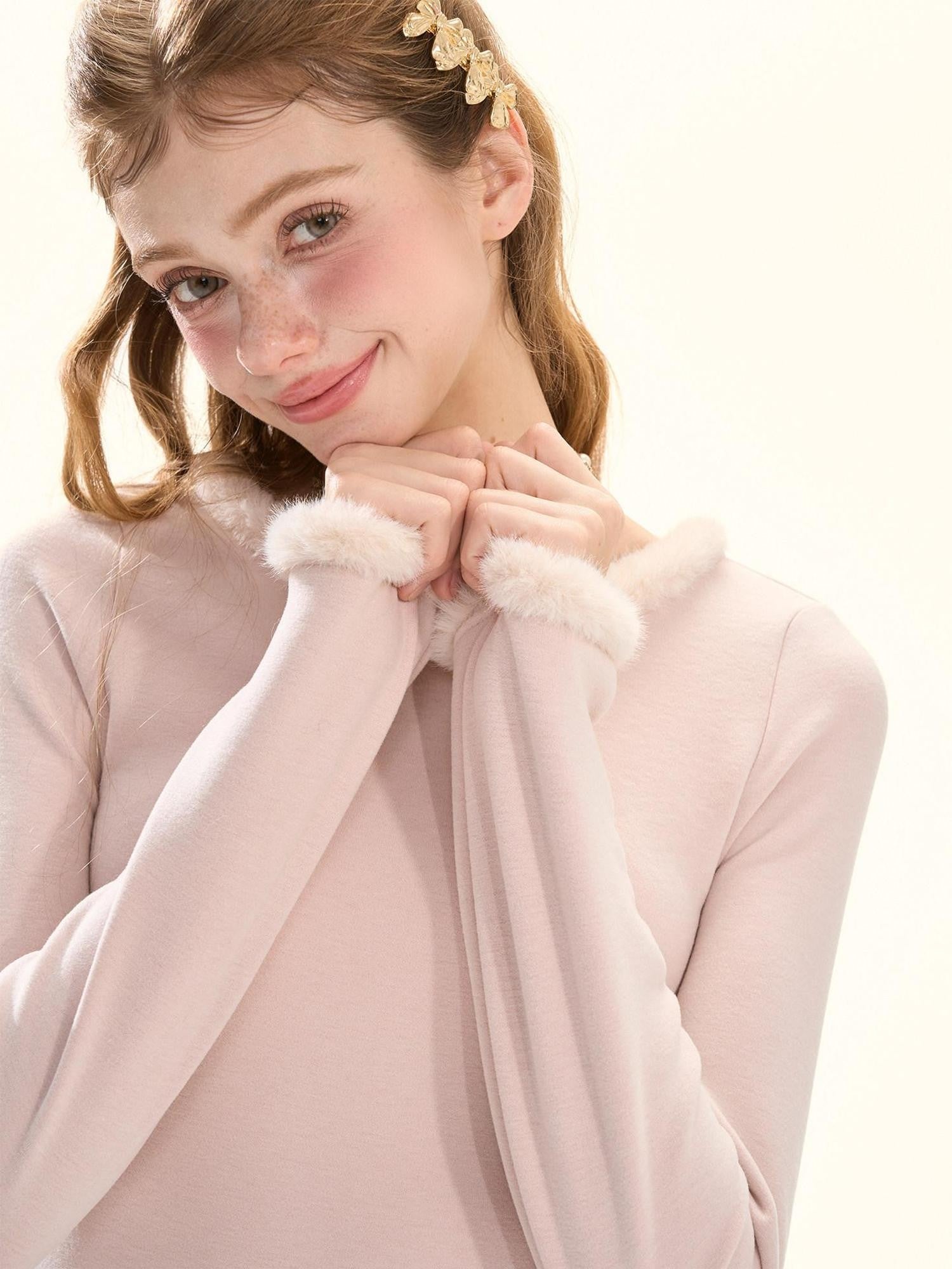 Girly Fancy Club Furry Trim Back Lace Bow Women's Knit Brushed Plush Sweaters