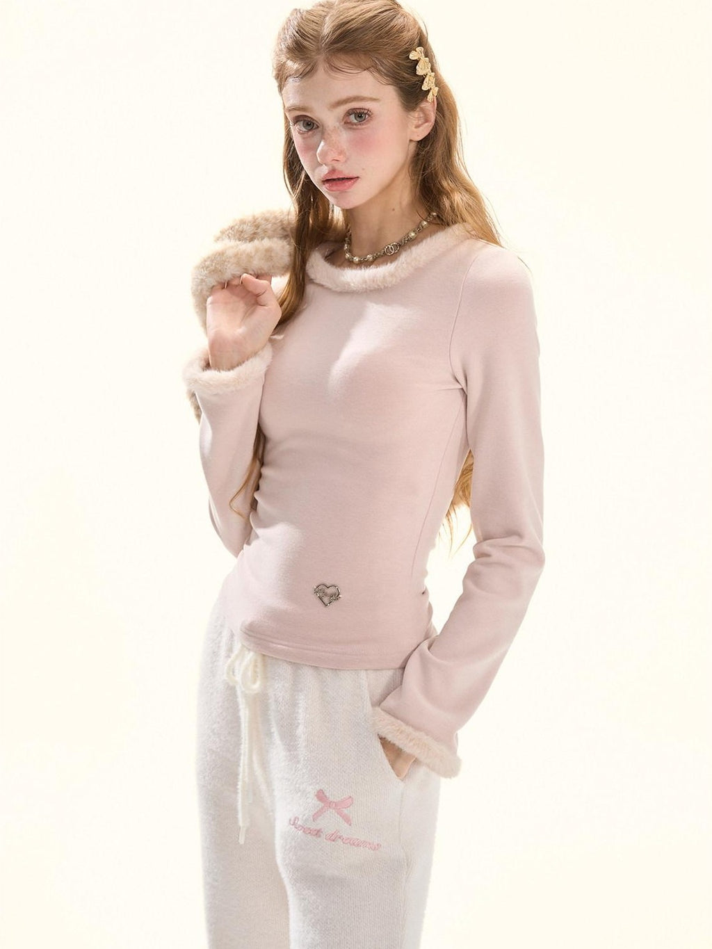 Girly Fancy Club Furry Trim Back Lace Bow Women's Knit Brushed Plush Sweaters