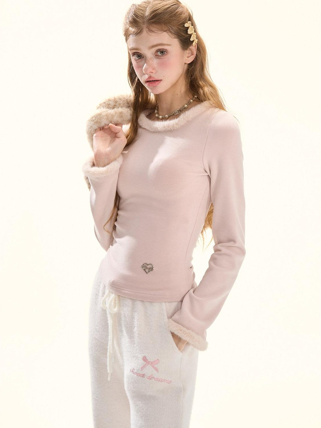 Girly Fancy Club Furry Trim Back Lace Bow Women's Knit Brushed Plush Sweaters