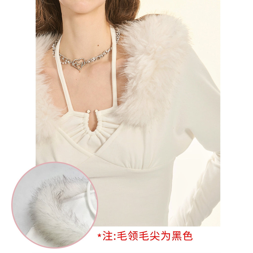 Girly_Fancy_Club_Fuzzy_Collar_Halter_Neck_Batwing_Women's_Brushed_Knit_Long_Sleeve_T-shirts_997755806443_MISSTT
