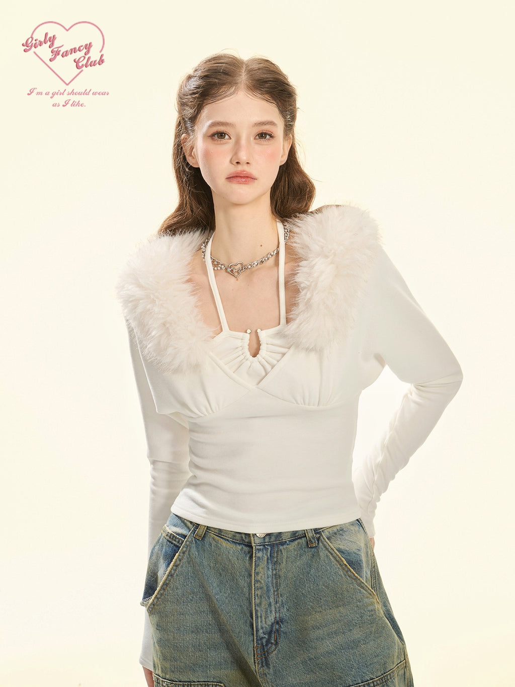 Girly Fancy Club Fuzzy Collar Halter Neck Batwing Women's Brushed Knit Long Sleeve T-shirts