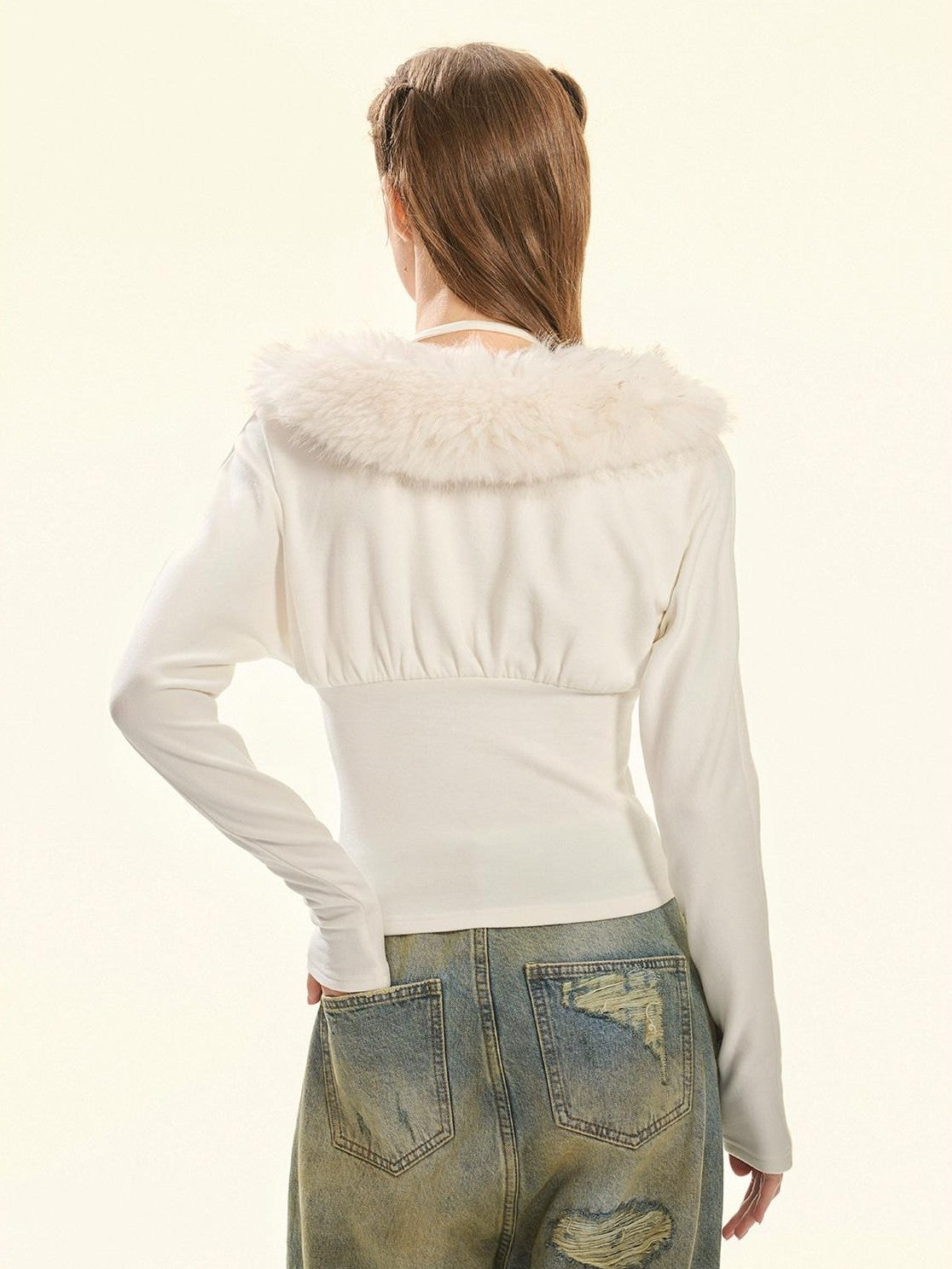 Girly Fancy Club Fuzzy Collar Halter Neck Batwing Women's Brushed Knit Long Sleeve T-shirts