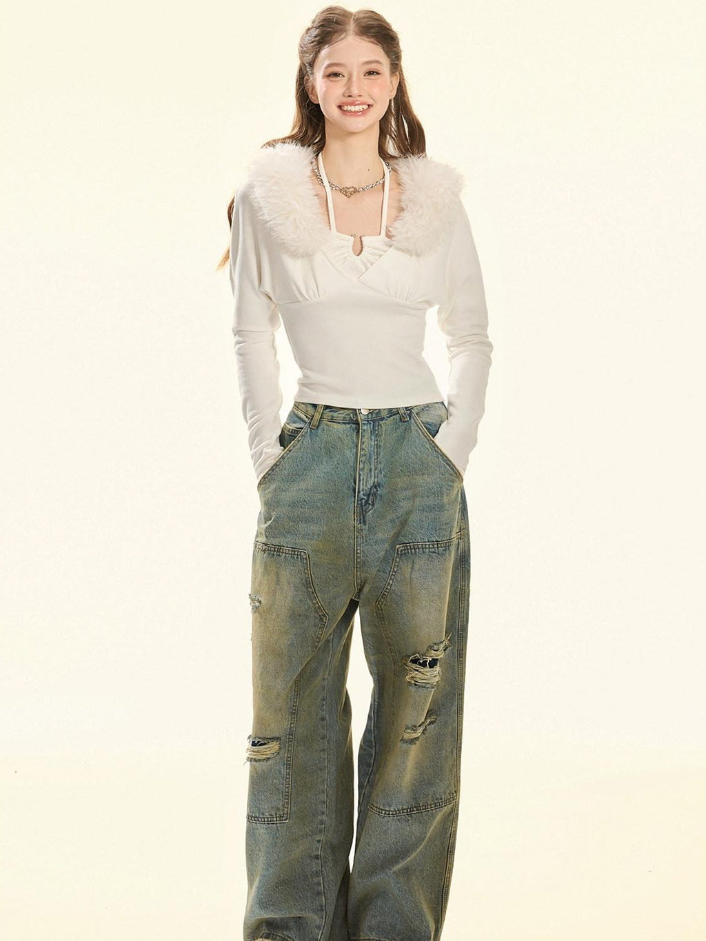 Girly Fancy Club Fuzzy Collar Halter Neck Batwing Women's Brushed Knit Long Sleeve T-shirts