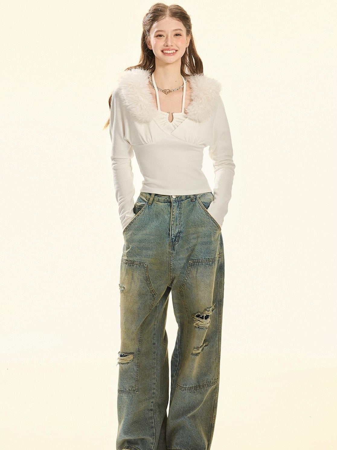 Girly Fancy Club Fuzzy Collar Halter Neck Batwing Women's Brushed Knit Long Sleeve T-shirts