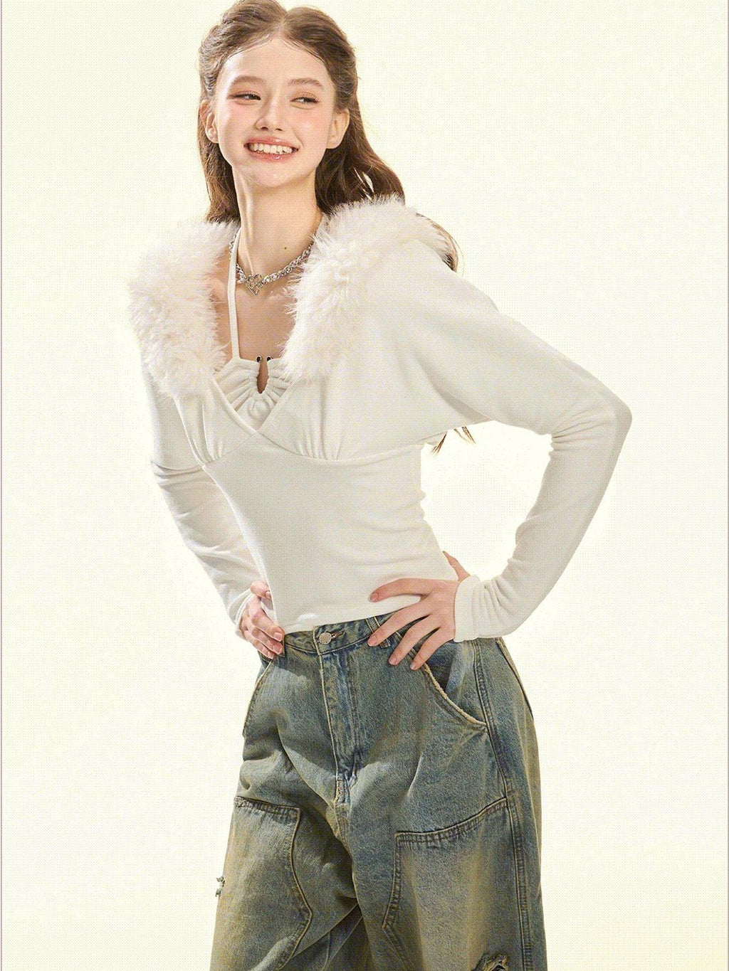 Girly Fancy Club Fuzzy Collar Halter Neck Batwing Women's Brushed Knit Long Sleeve T-shirts