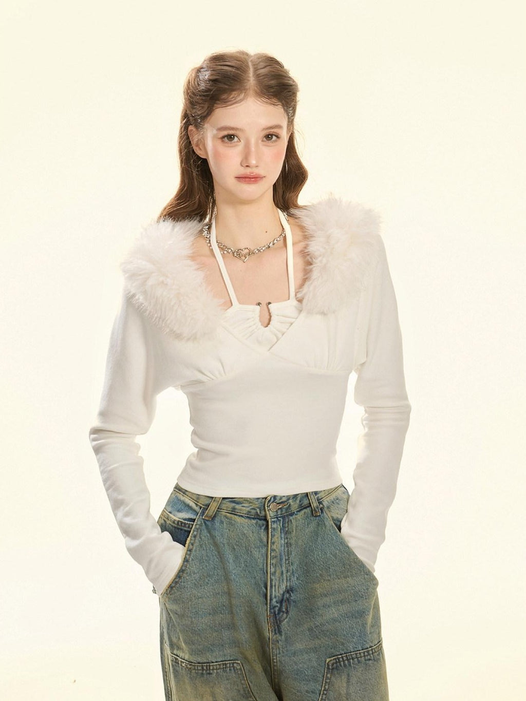 Girly Fancy Club Fuzzy Collar Halter Neck Batwing Women's Brushed Knit Long Sleeve T-shirts