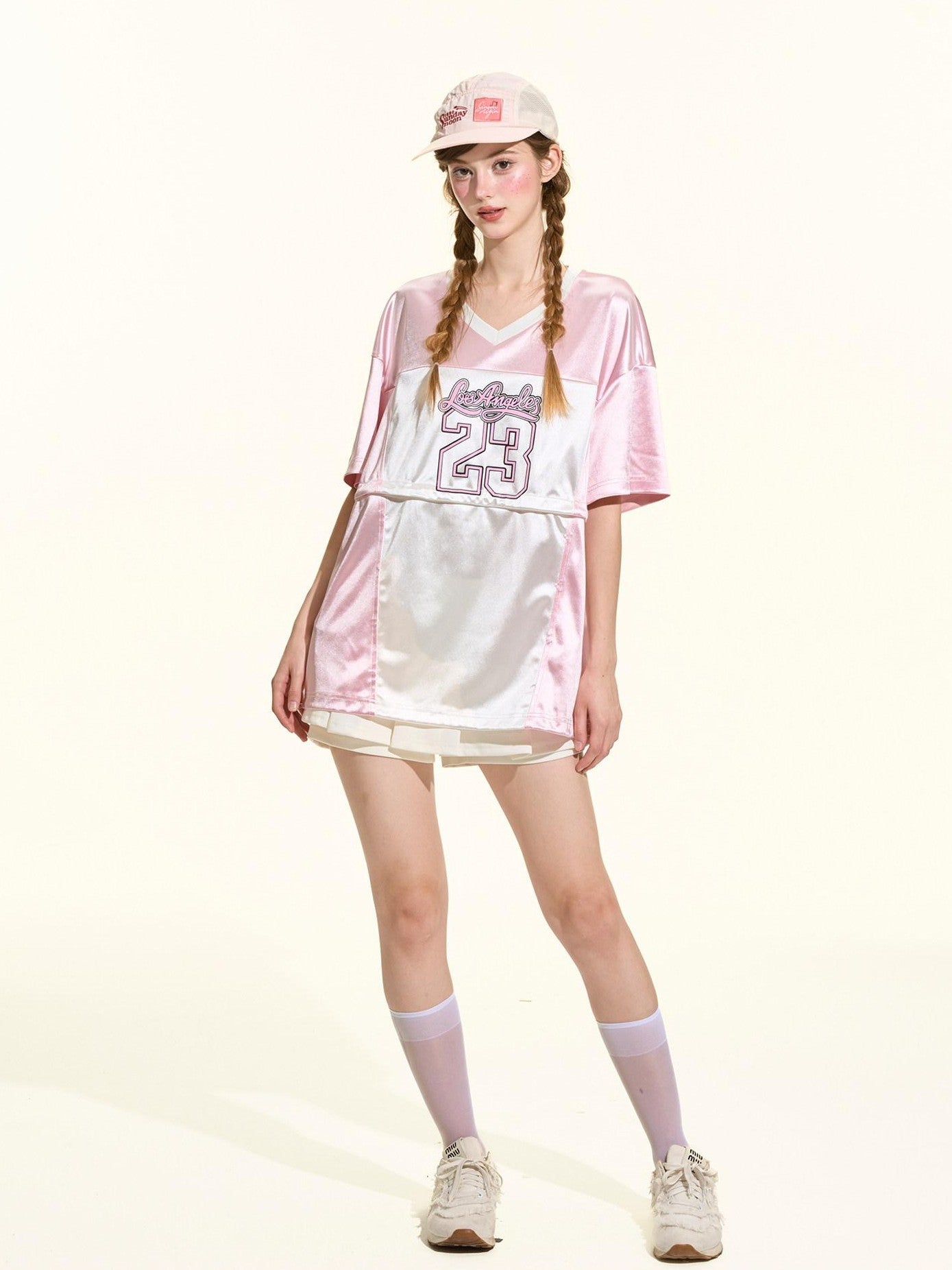 Girly Fancy Club Glow Pink Colorblock Spliced Number Print Women's Polyester Oversized T-shirts