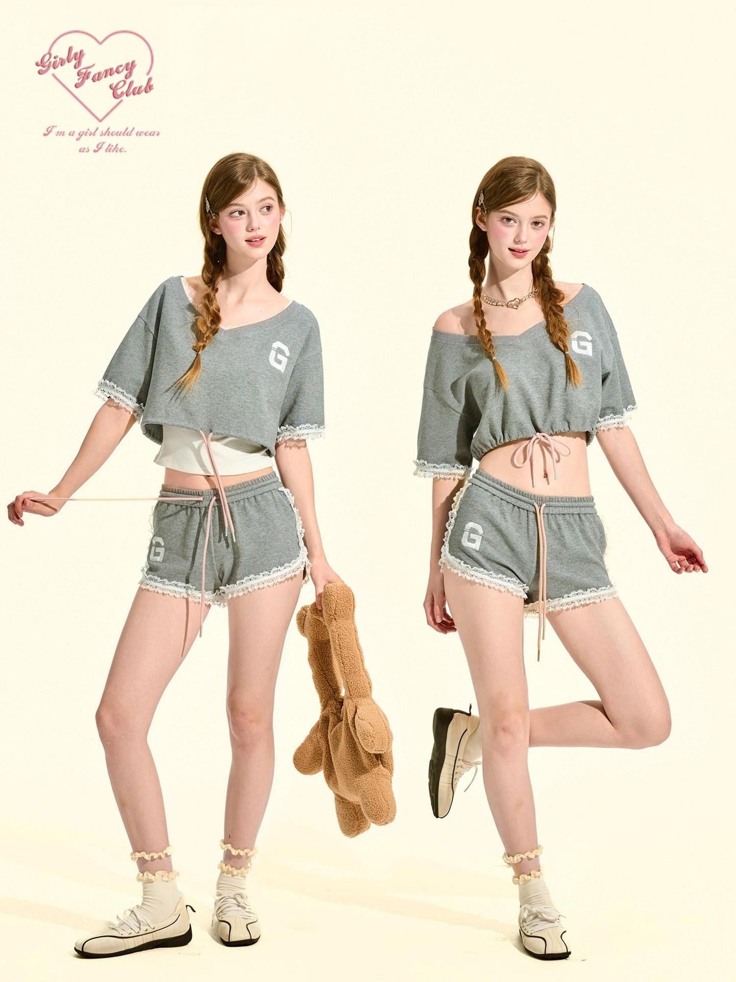 Girly Fancy Club Gray Applique Cropped Loose Women's Cotton Sport Top & Shorts Sets