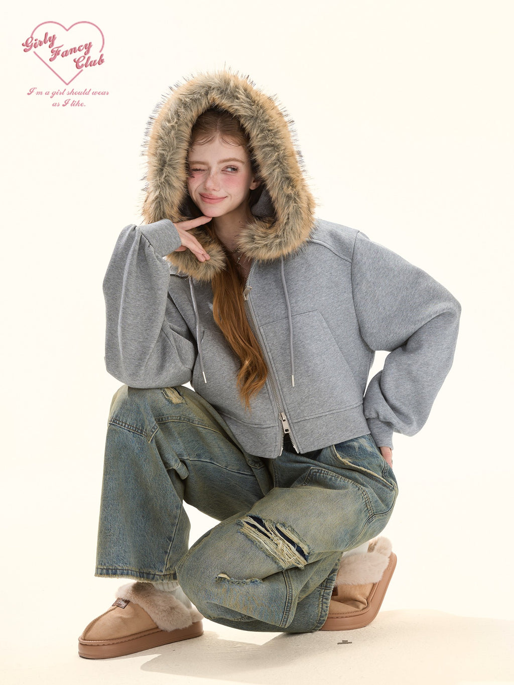 Girly Fancy Club Gray Detachable Fur Hood Cropped Women's Down Filled Zip-up Hoodies