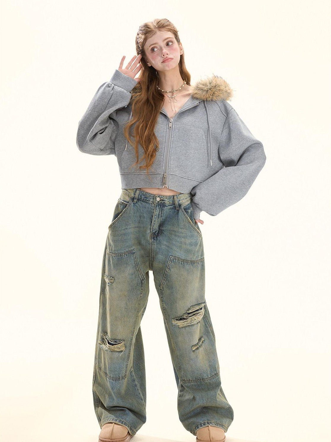Girly Fancy Club Gray Detachable Fur Hood Cropped Women's Down Filled Zip-up Hoodies