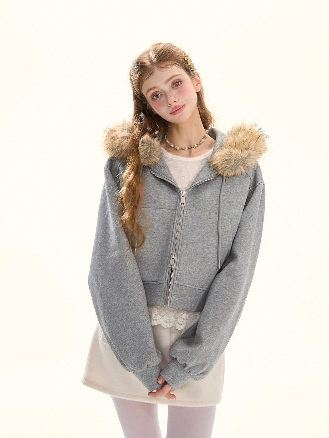Girly Fancy Club Gray Detachable Fur Hood Cropped Women's Down Filled Zip-up Hoodies