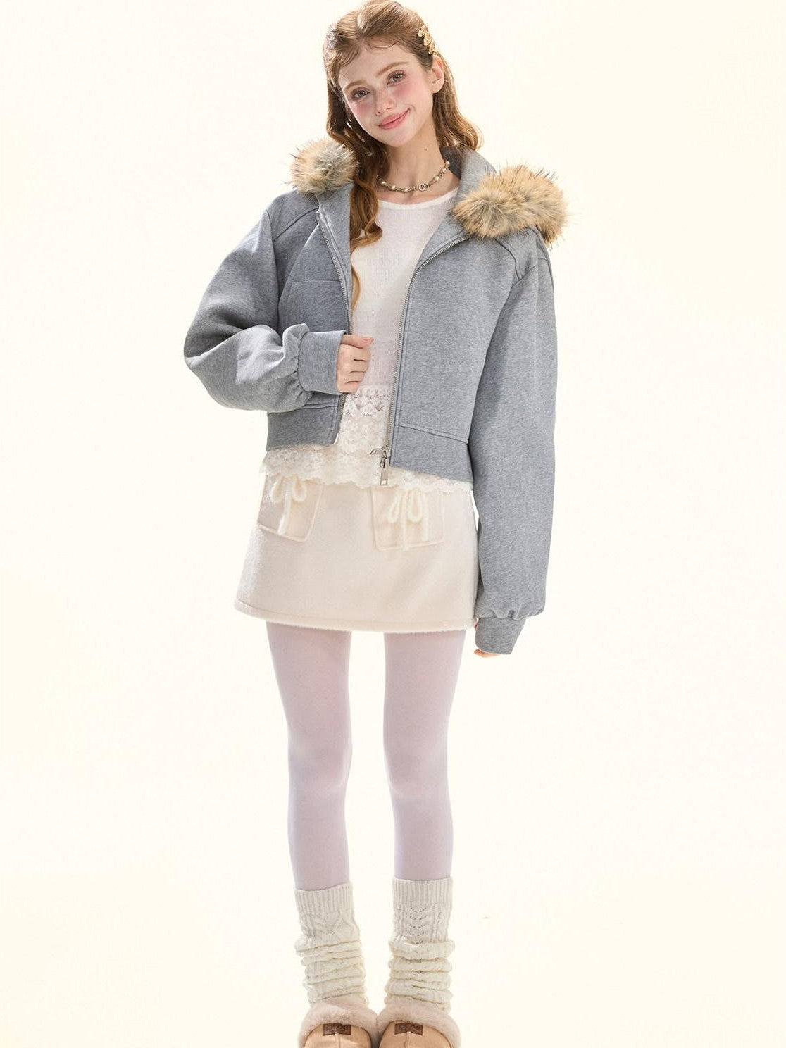 Girly Fancy Club Gray Detachable Fur Hood Cropped Women's Down Filled Zip-up Hoodies