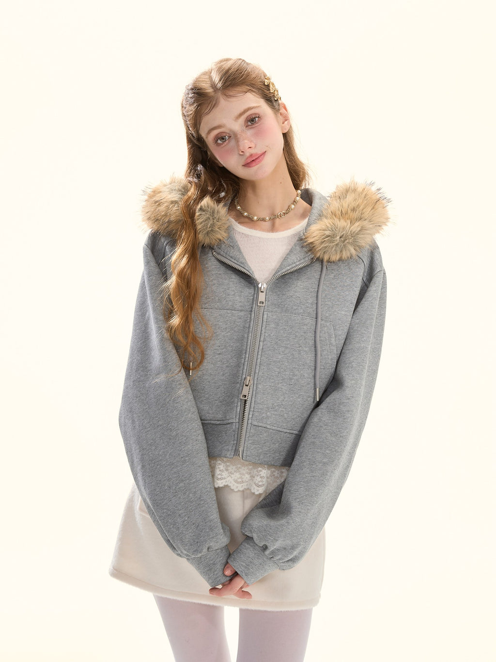 Girly Fancy Club Gray Detachable Fur Hood Cropped Women's Down Filled Zip-up Hoodies