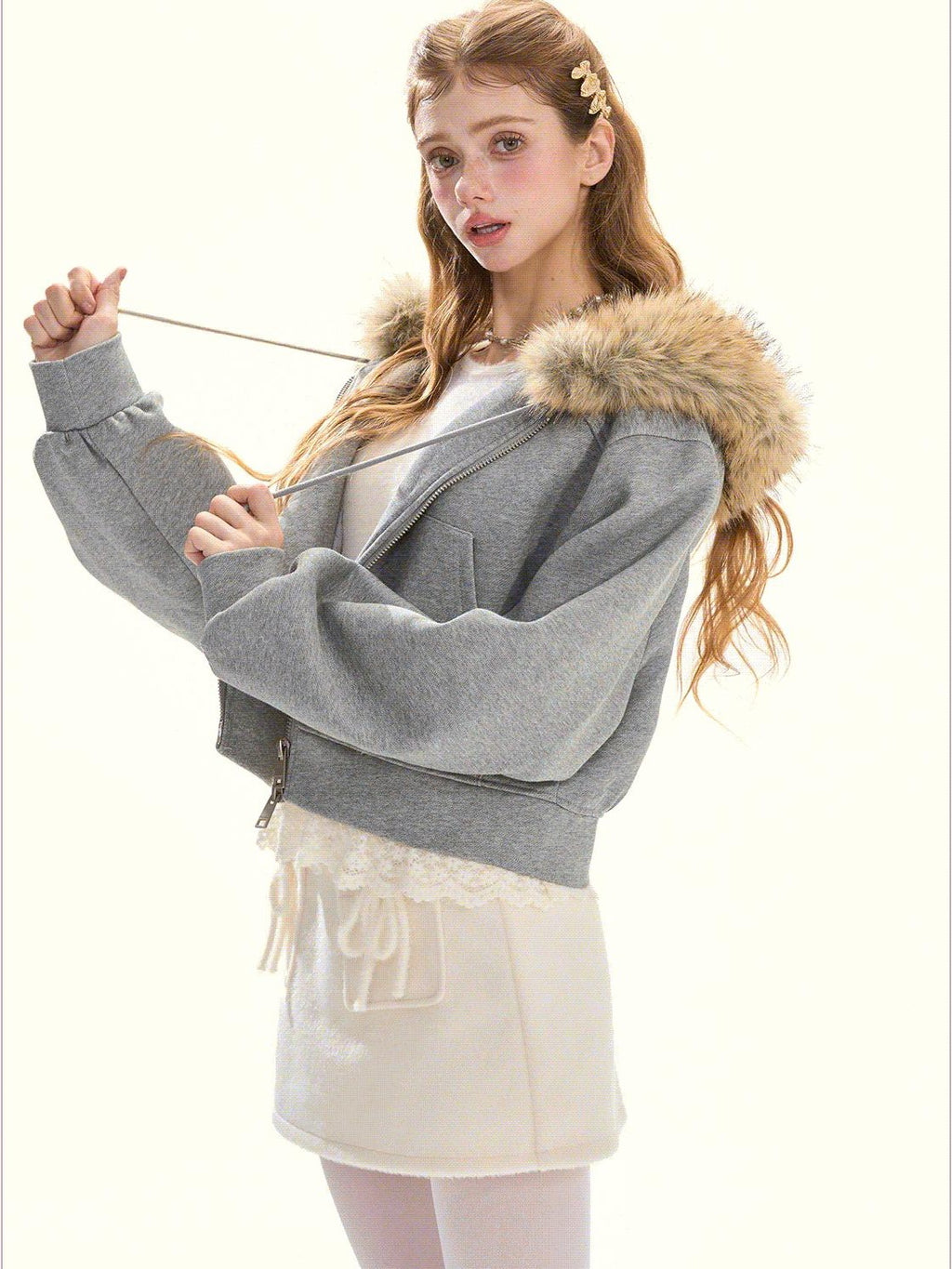 Girly Fancy Club Gray Detachable Fur Hood Cropped Women's Down Filled Zip-up Hoodies