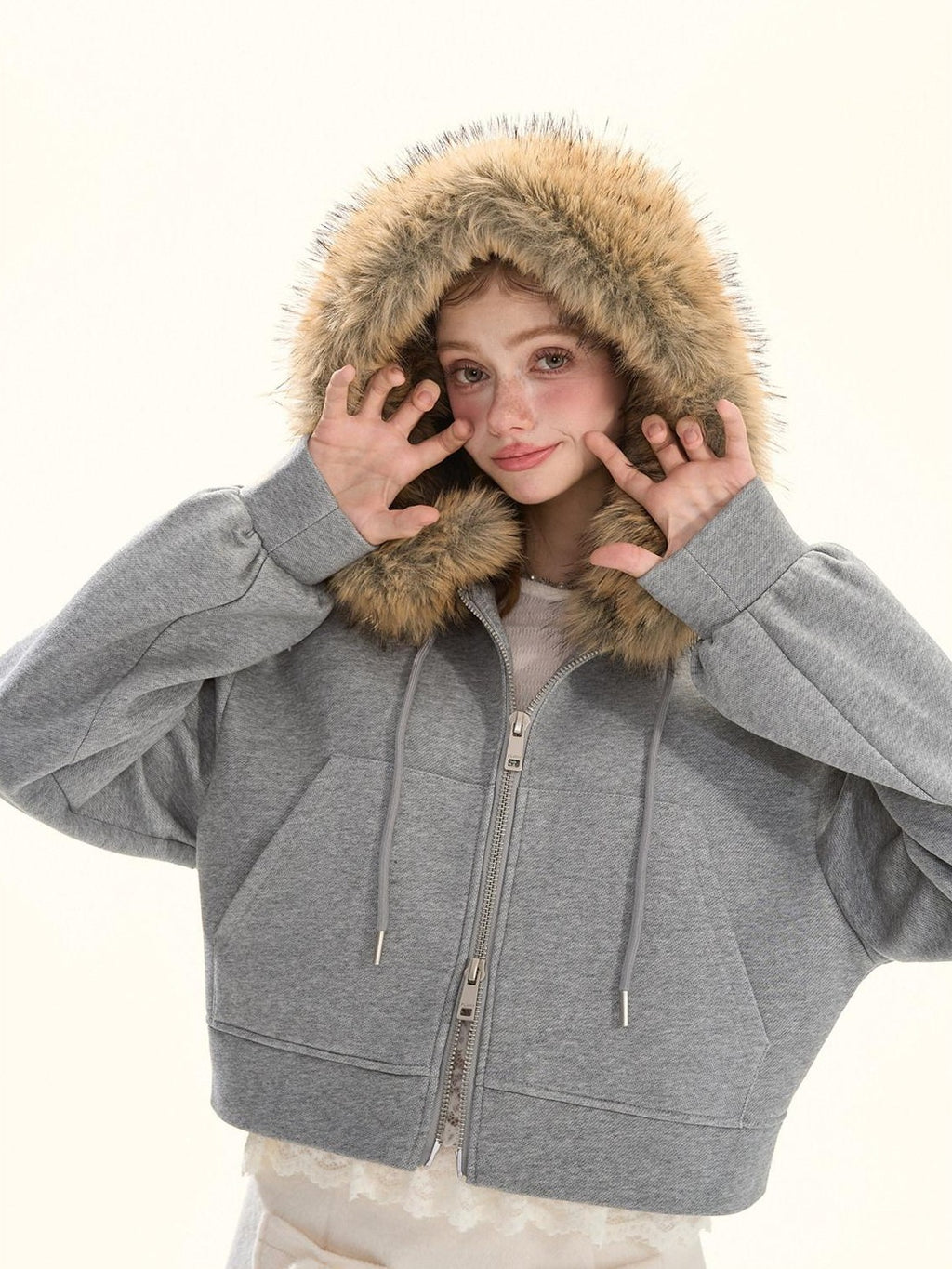 Girly Fancy Club Gray Detachable Fur Hood Cropped Women's Down Filled Zip-up Hoodies