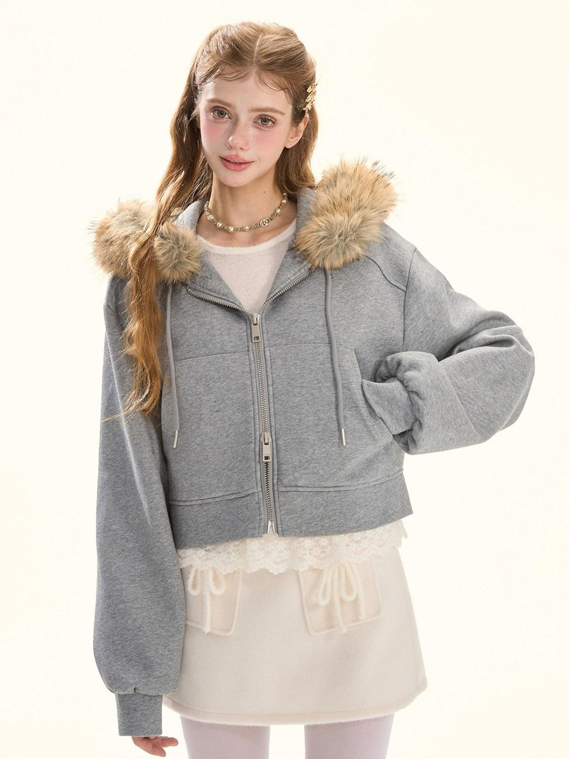 Girly Fancy Club Gray Detachable Fur Hood Cropped Women's Down Filled Zip-up Hoodies