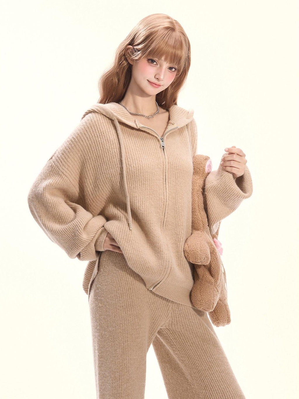 Girly Fancy Club Khaki Knitted Hooded Zip Cardigan Loose Relaxed Women's Knit Tracksuit Sets