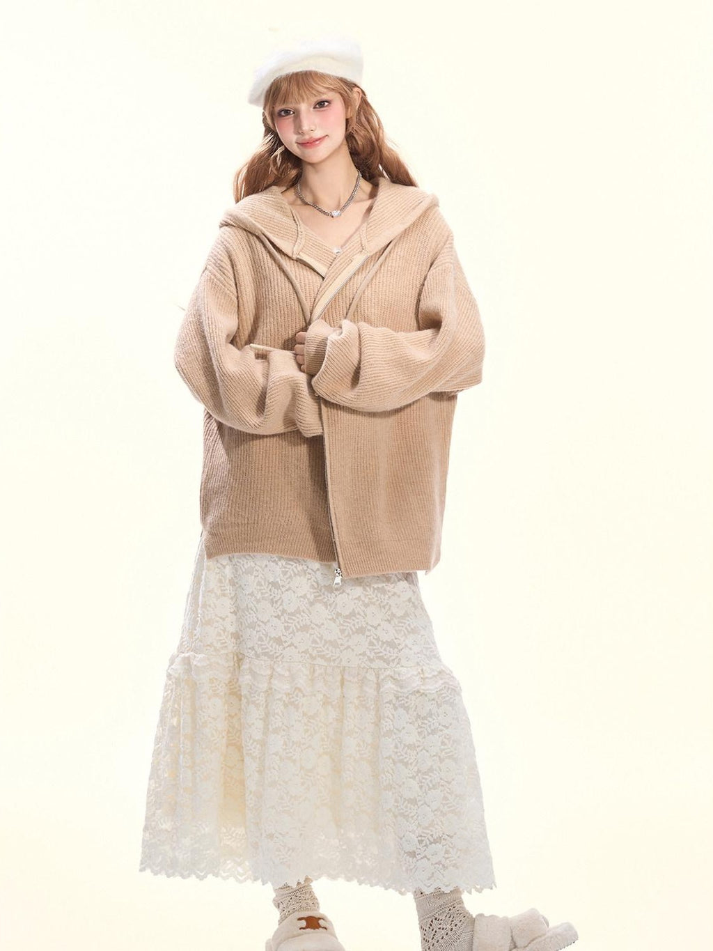 Girly Fancy Club Khaki Knitted Hooded Zip Cardigan Loose Relaxed Women's Knit Tracksuit Sets
