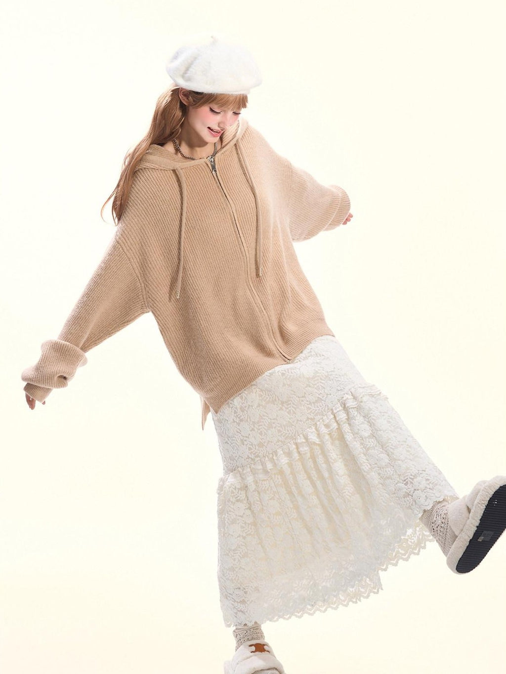 Girly Fancy Club Khaki Knitted Hooded Zip Cardigan Loose Relaxed Women's Knit Tracksuit Sets