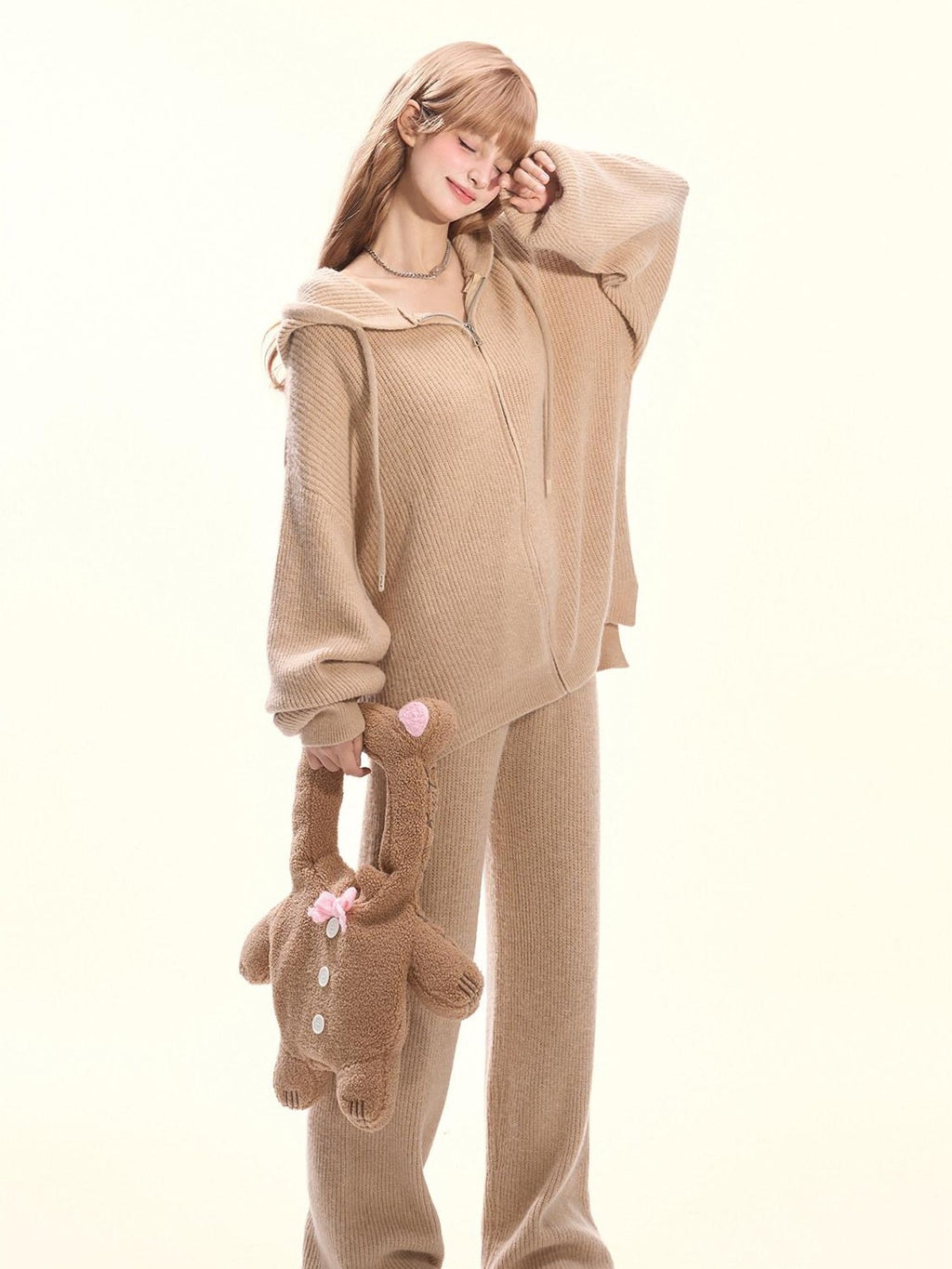 Girly Fancy Club Khaki Knitted Hooded Zip Cardigan Loose Relaxed Women's Knit Tracksuit Sets