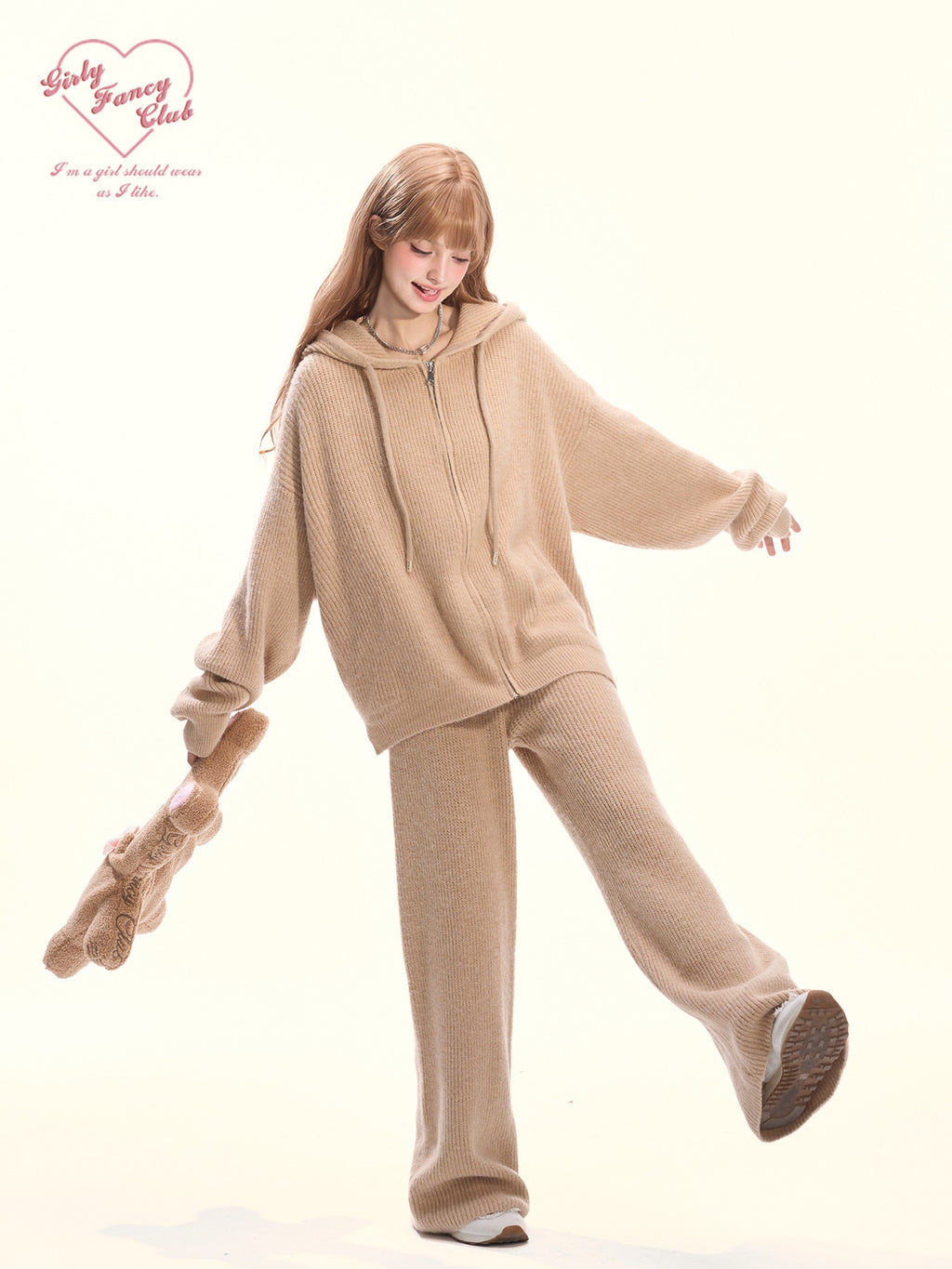 Girly Fancy Club Khaki Knitted Hooded Zip Cardigan Loose Relaxed Women's Knit Tracksuit Sets