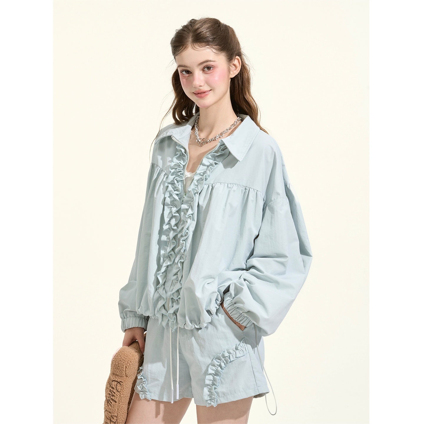 Girly_Fancy_Club_Lake_Blue_Waterproof_Drawstring_Zip_Jacket_Women's_Nylon_Sport_Top_&_Shorts_Sets_963892915686_MISSTT