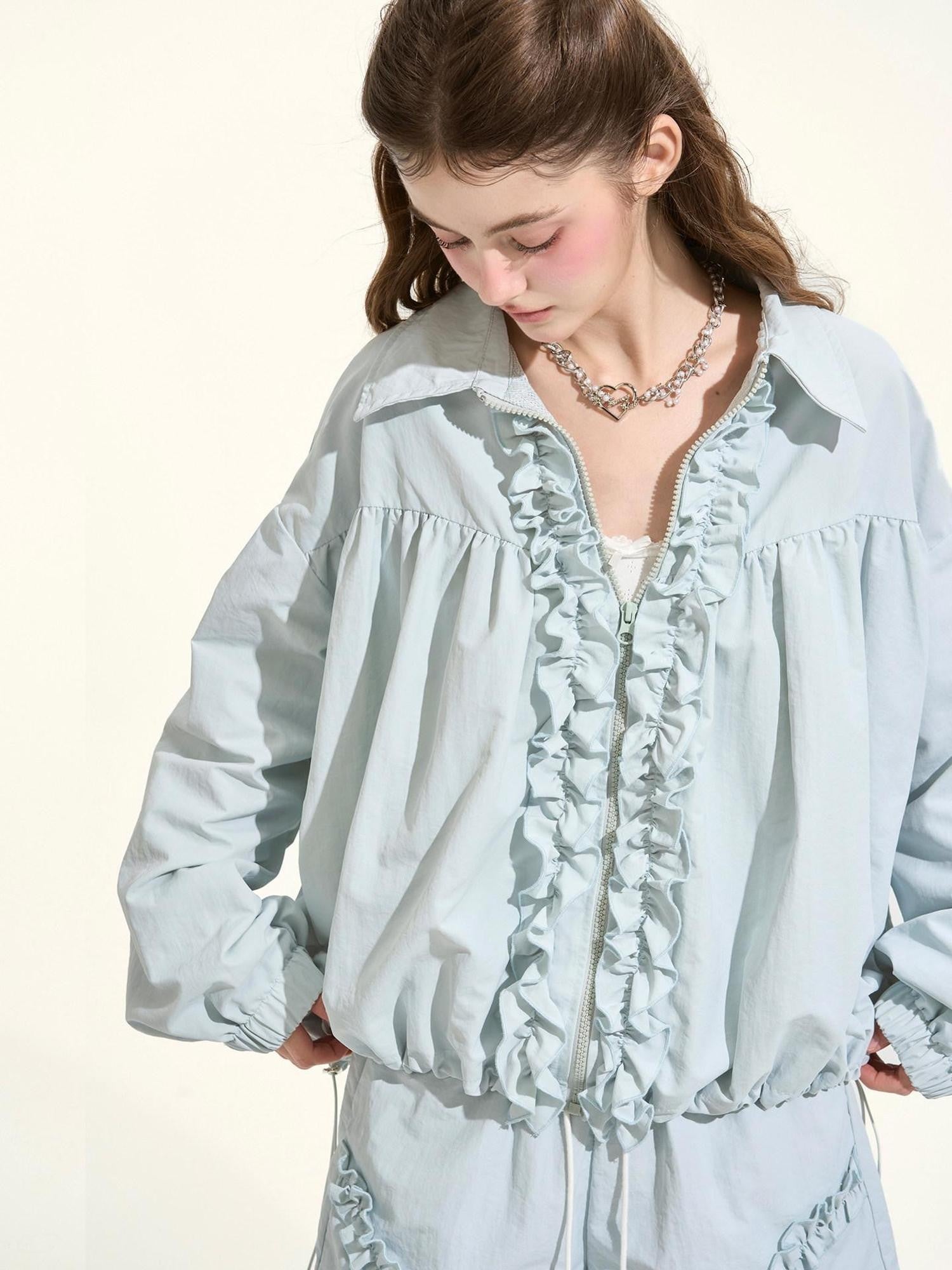 Girly Fancy Club Lake Blue Waterproof Drawstring Zip Jacket Women's Nylon Sport Top & Shorts Sets