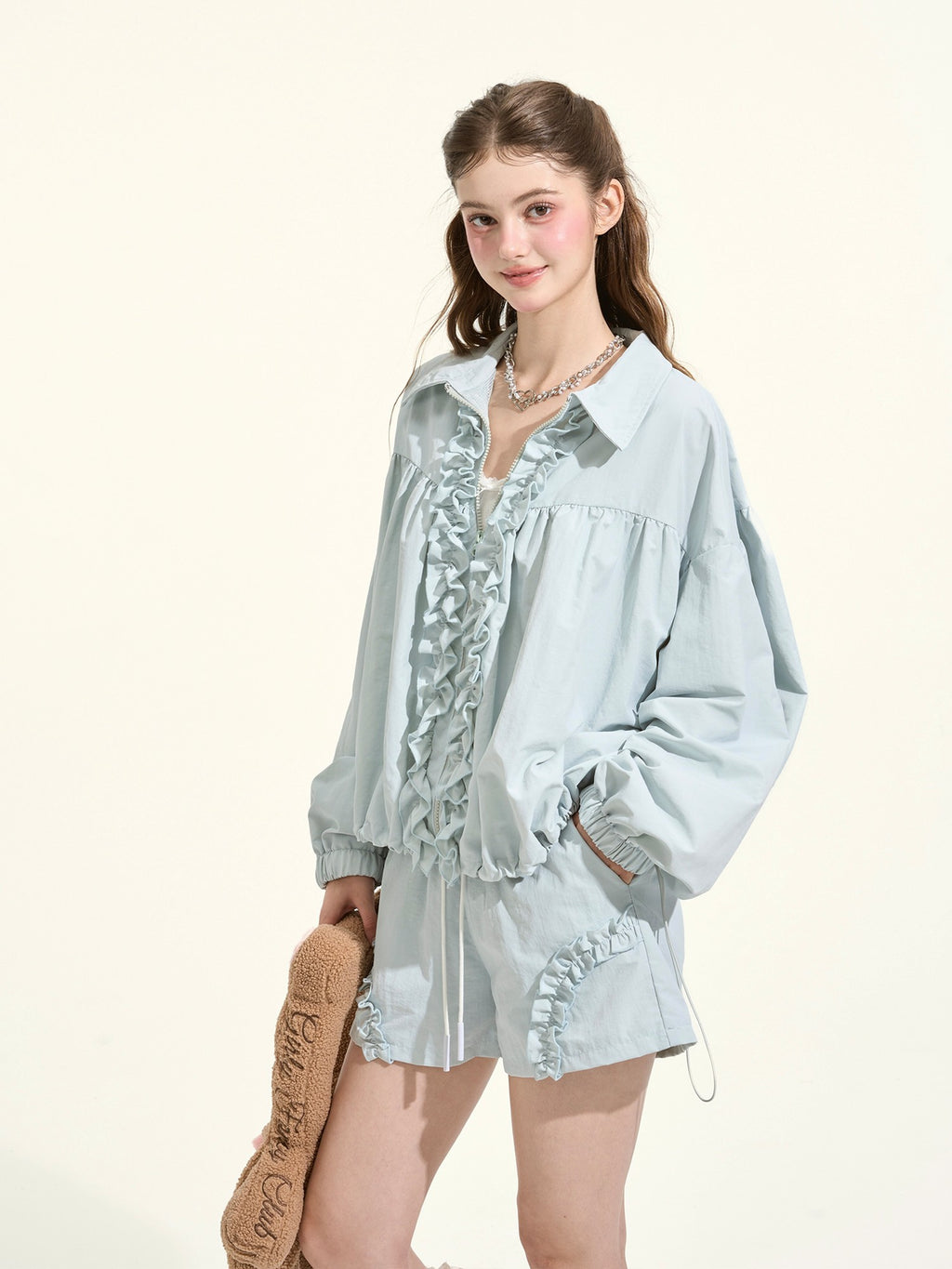 Girly Fancy Club Lake Blue Waterproof Drawstring Zip Jacket Women's Nylon Sport Top & Shorts Sets