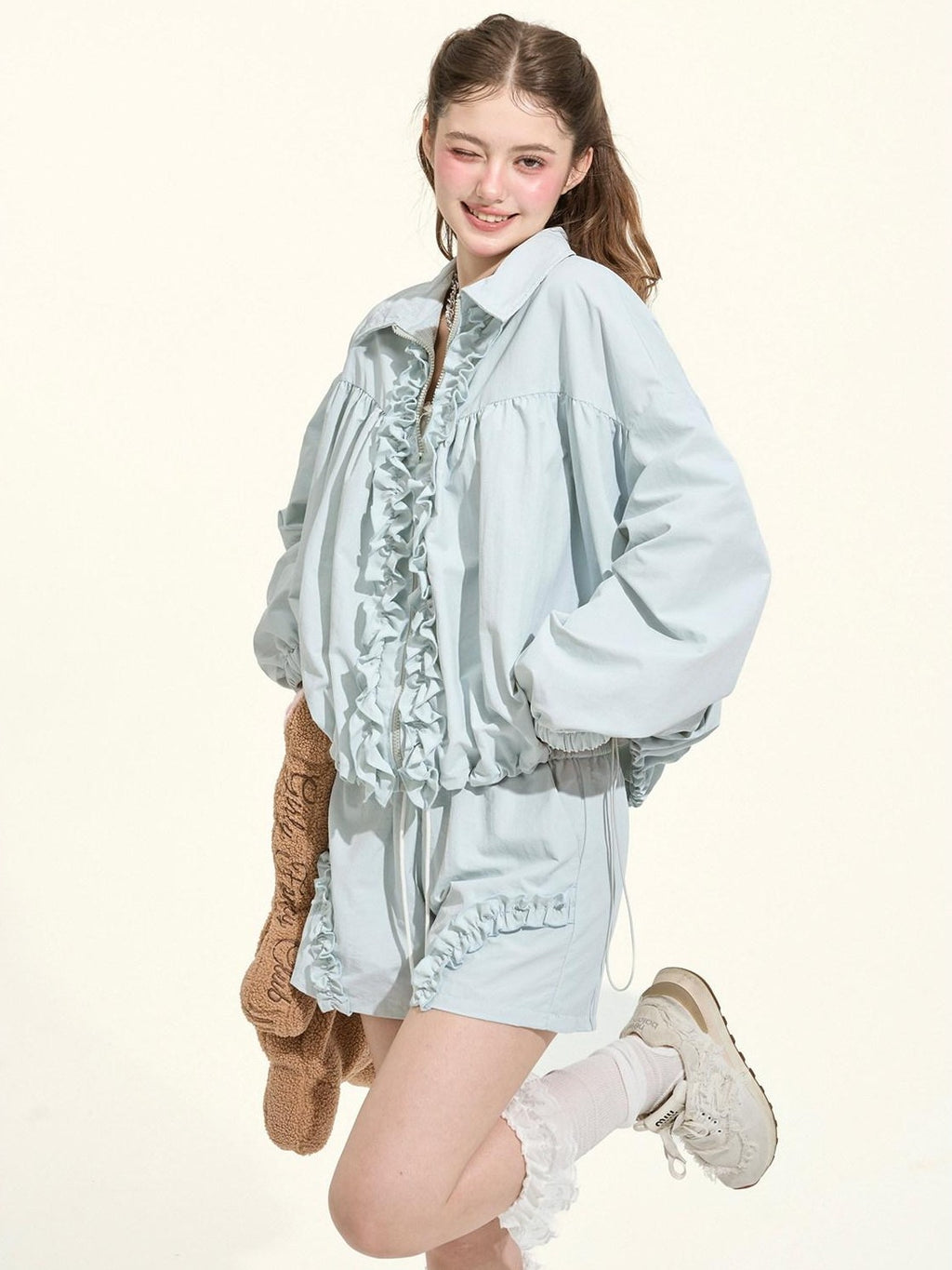 Girly Fancy Club Lake Blue Waterproof Drawstring Zip Jacket Women's Nylon Sport Top & Shorts Sets