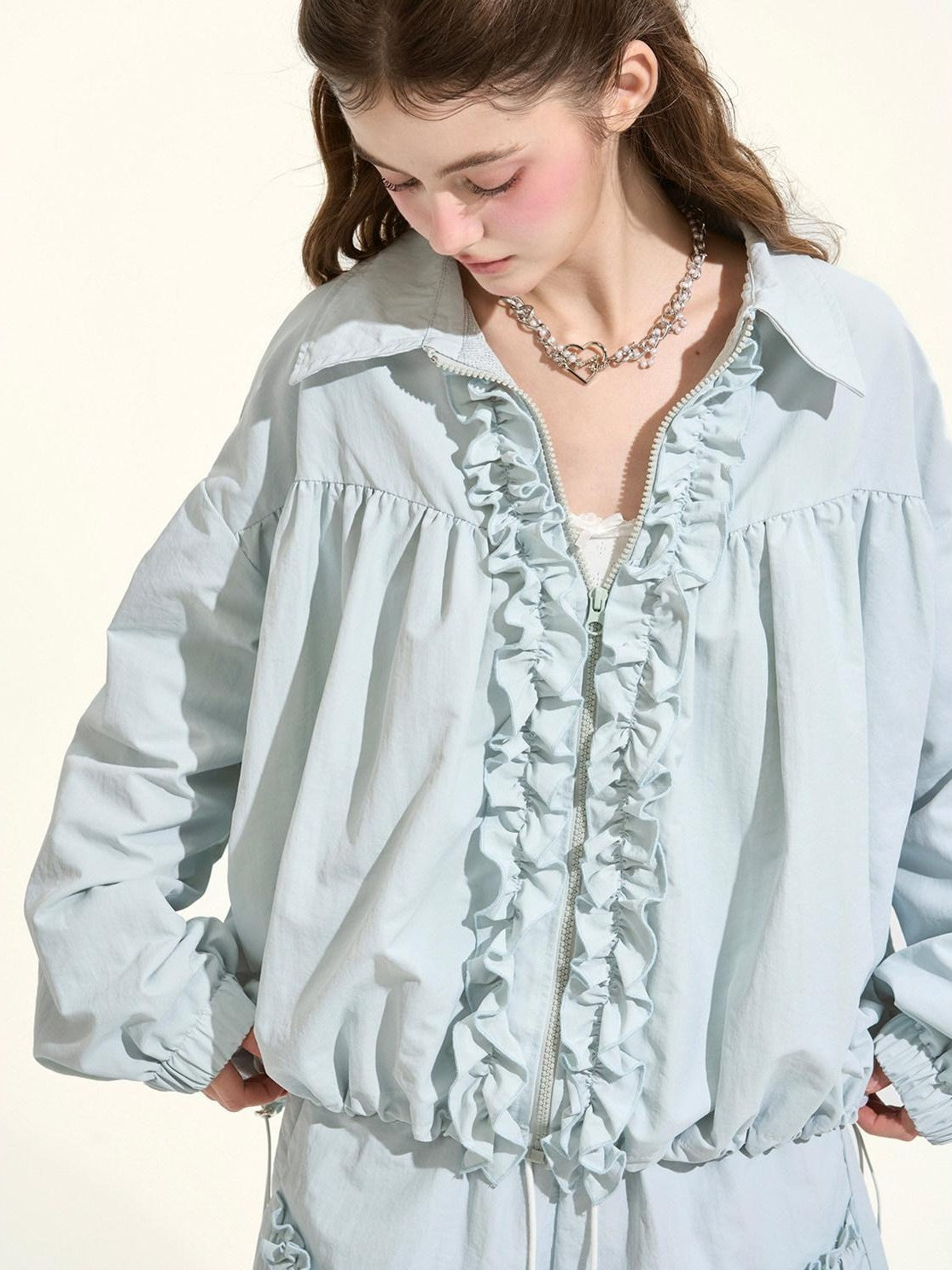 Girly Fancy Club Lake Blue Waterproof Drawstring Zip Jacket Women's Nylon Sport Top & Shorts Sets