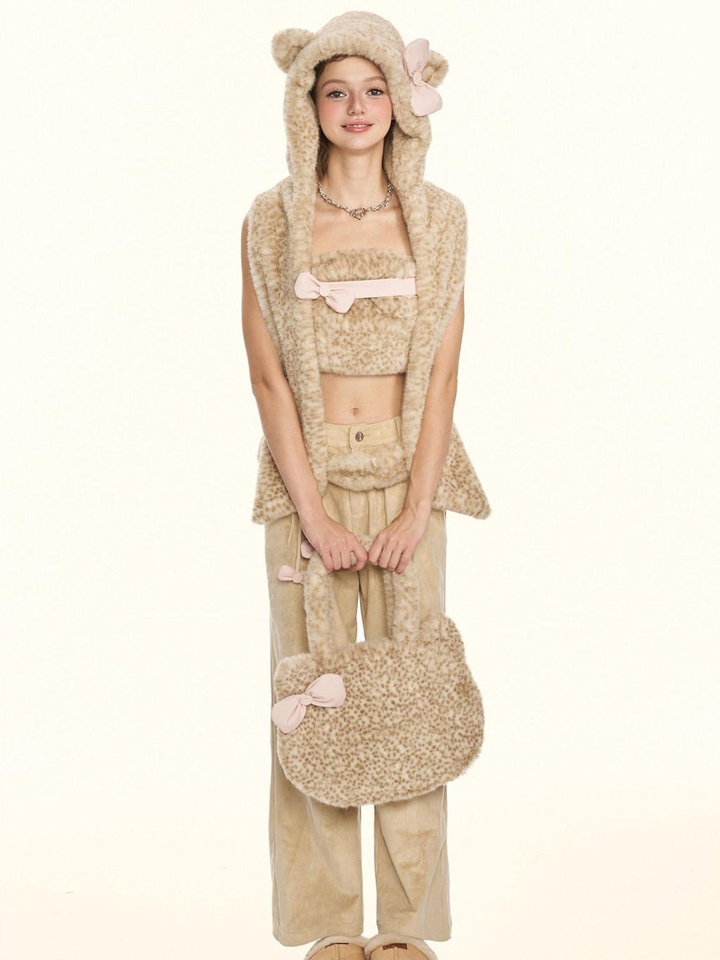 Girly Fancy Club Leopard Bow Pleated Zipper Low Waist Women's Suede Straight-leg Pants