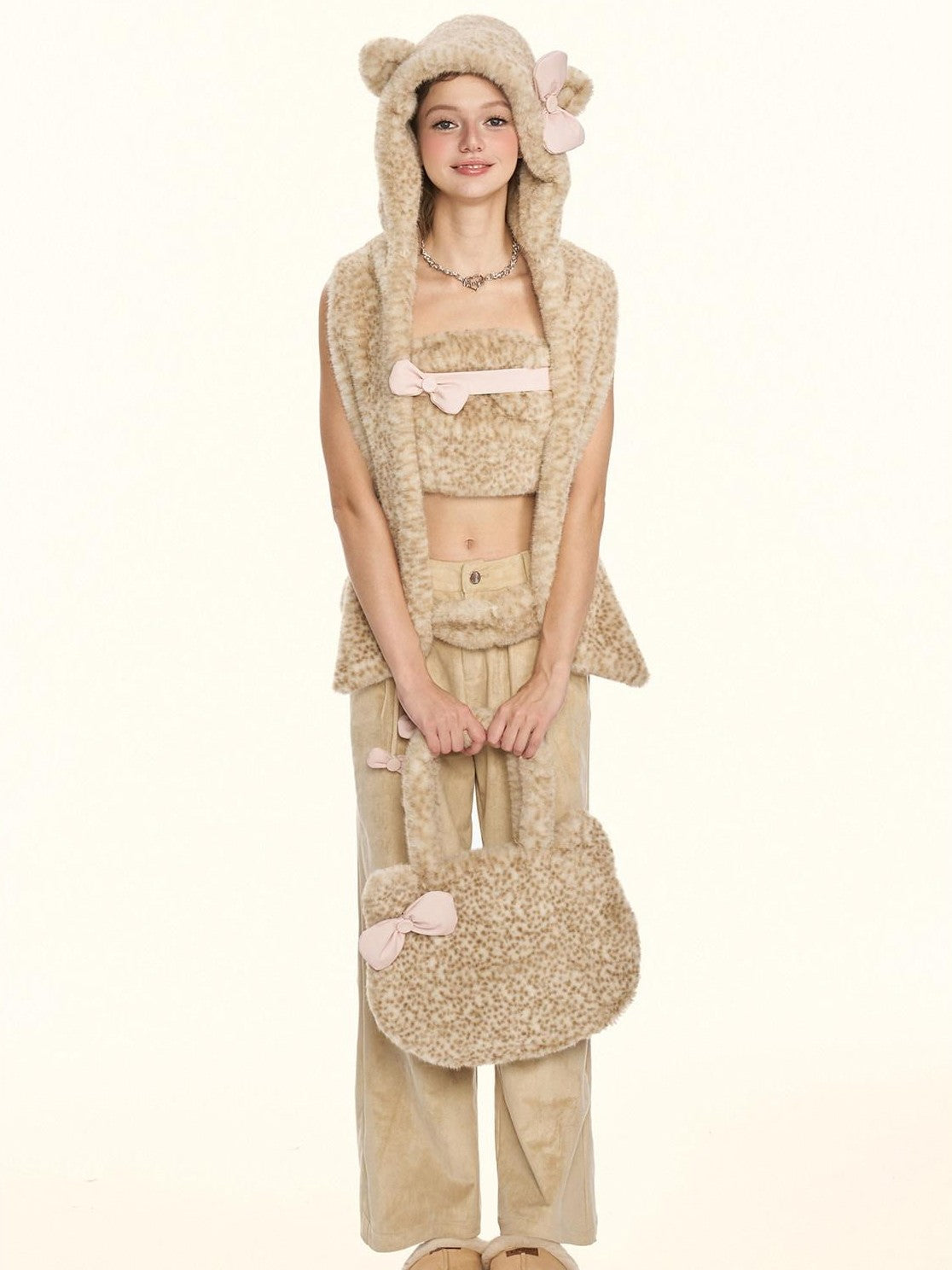 Girly Fancy Club Leopard Bow Pleated Zipper Low Waist Women's Suede Straight-leg Pants