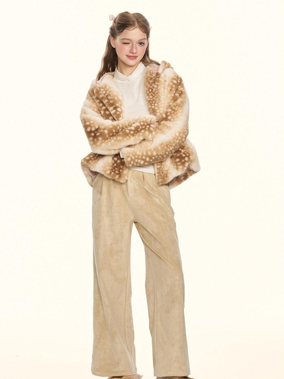 Girly Fancy Club Leopard Bow Pleated Zipper Low Waist Women's Suede Straight-leg Pants