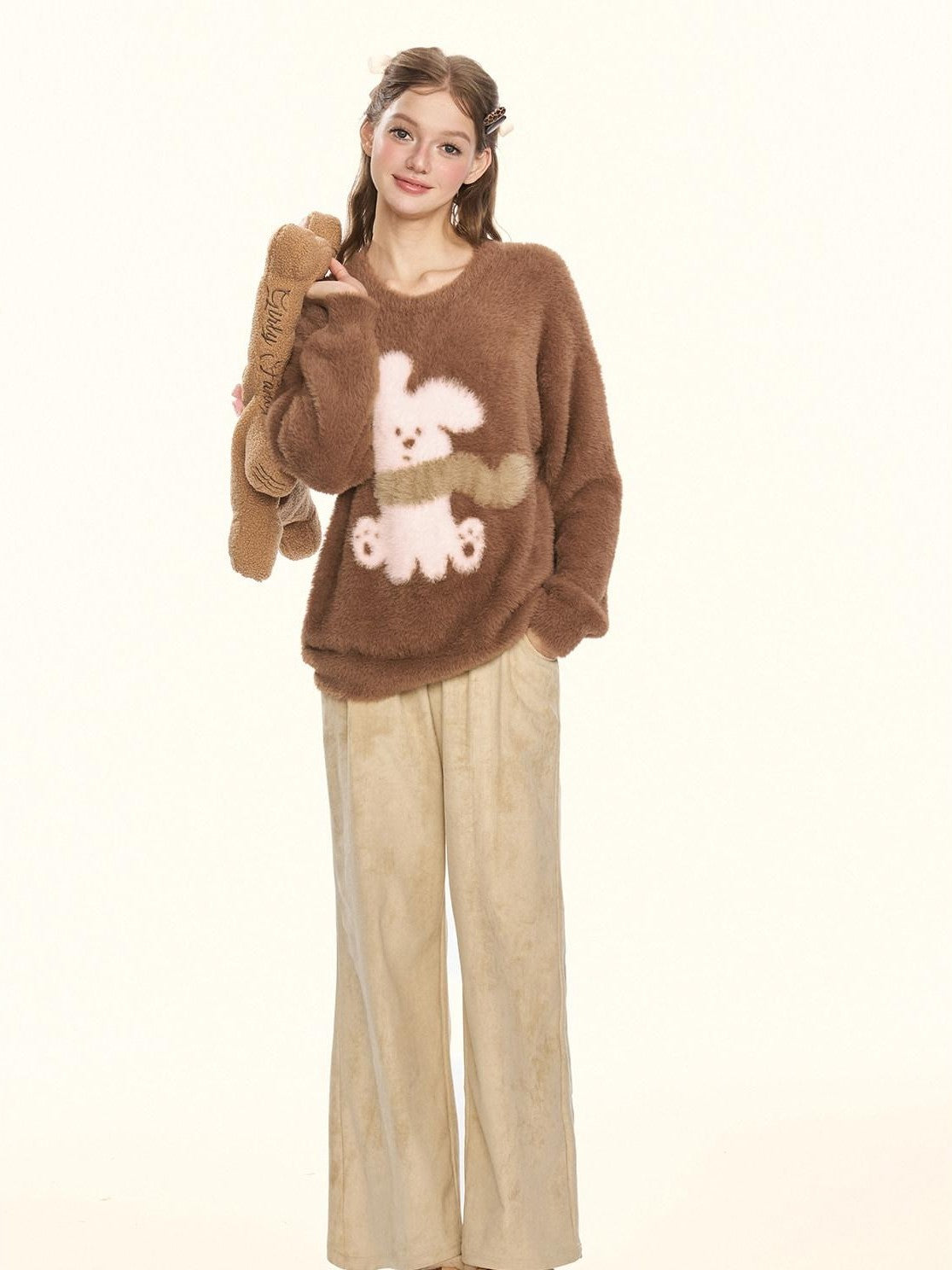 Girly Fancy Club Leopard Bow Pleated Zipper Low Waist Women's Suede Straight-leg Pants