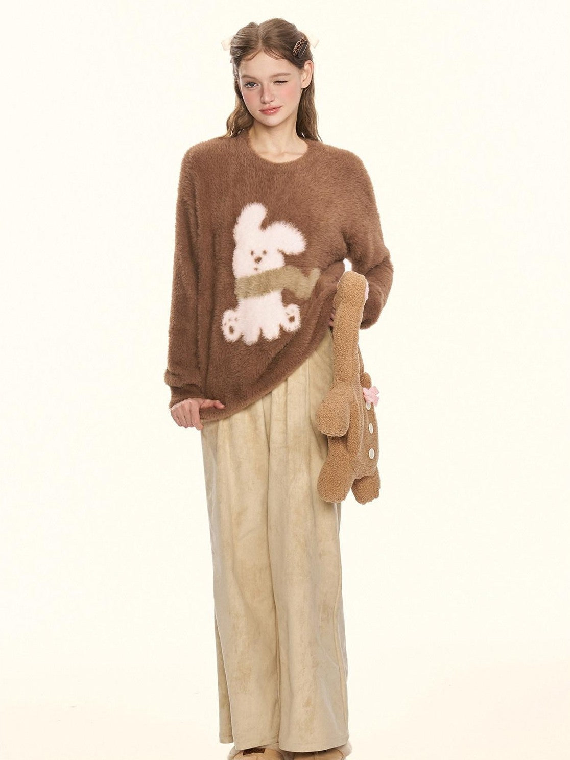 Girly Fancy Club Leopard Bow Pleated Zipper Low Waist Women's Suede Straight-leg Pants