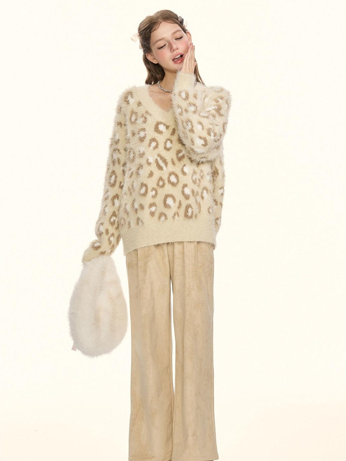 Girly Fancy Club Leopard Bow Pleated Zipper Low Waist Women's Suede Straight-leg Pants