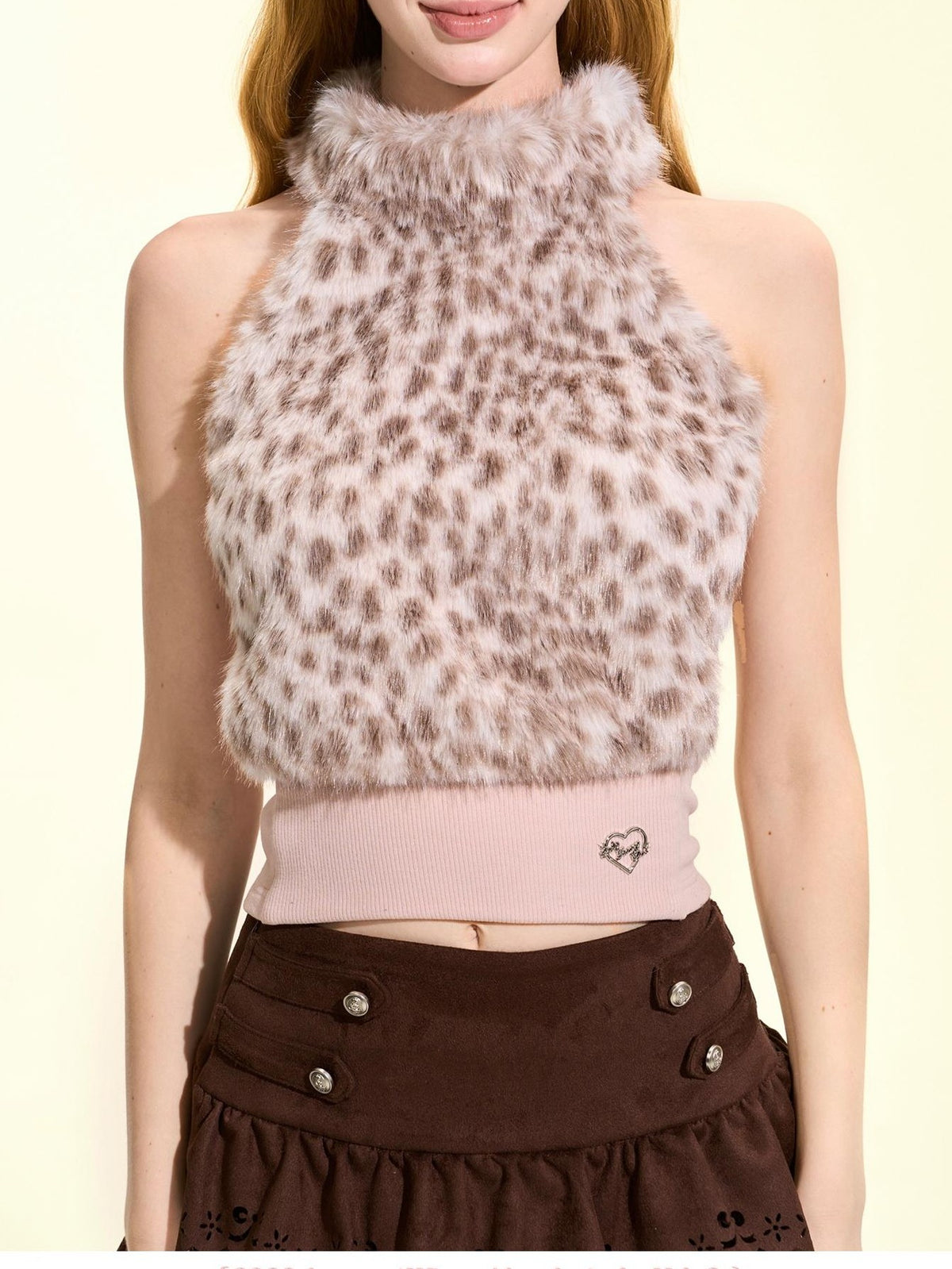 Girly Fancy Club Leopard Faux Fur Sleeveless High Neck Slim Fit Ribbed Women's Halter Tops