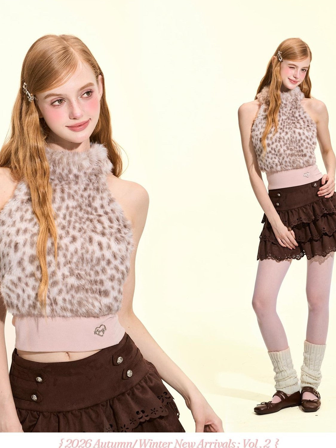 Girly Fancy Club Leopard Faux Fur Sleeveless High Neck Slim Fit Ribbed Women's Halter Tops