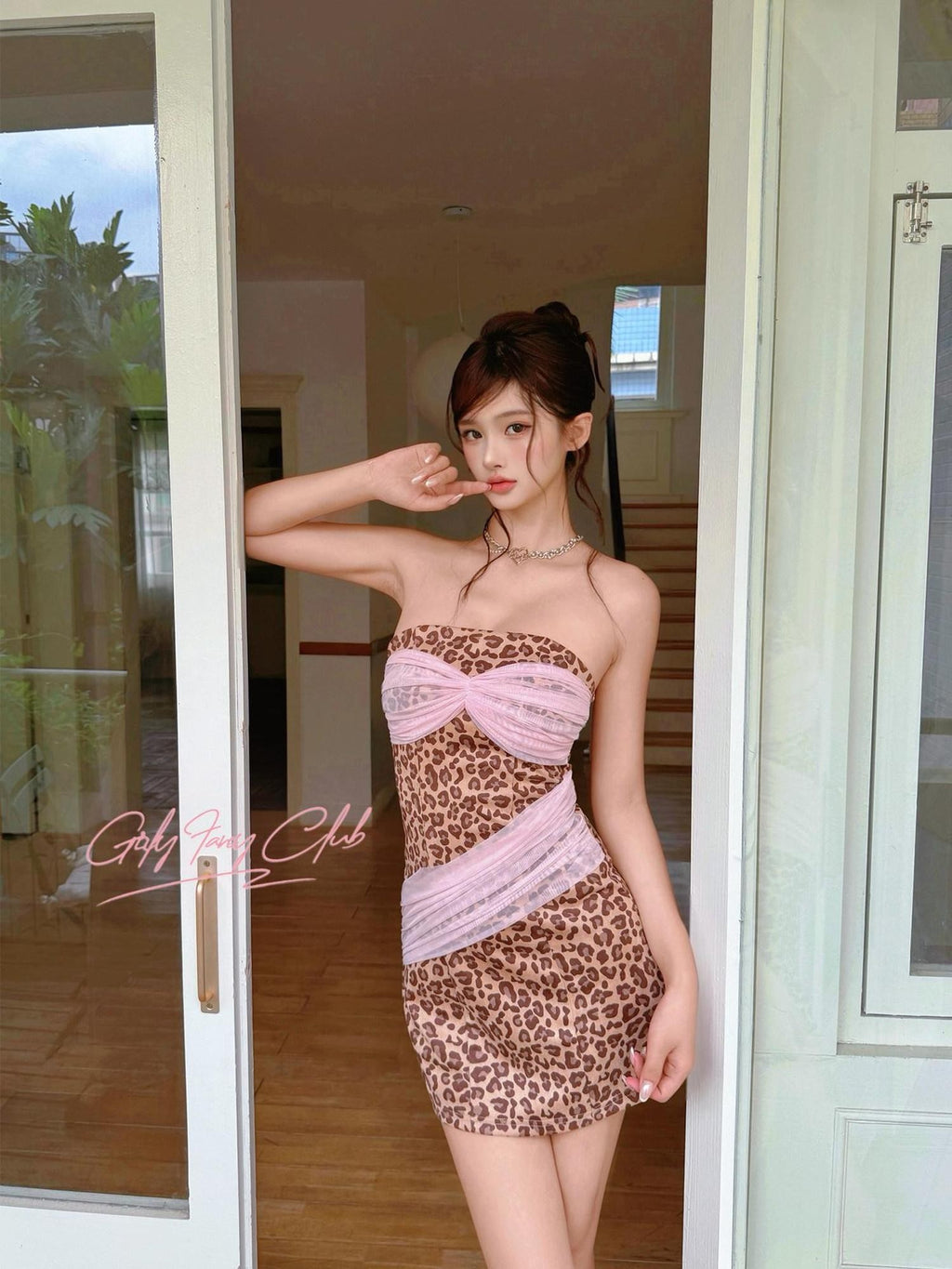 Girly Fancy Club Leopard Print Padded Mesh Splice Women's Mesh Tube Mini Dresses