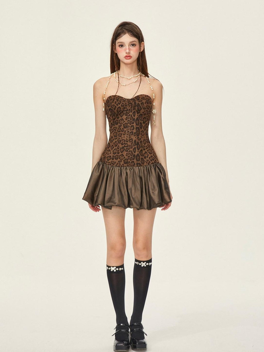 Girly Fancy Club Leopard Suede Tulip Puff Padded Bust Women's Polyester Halter Mini Dresses
