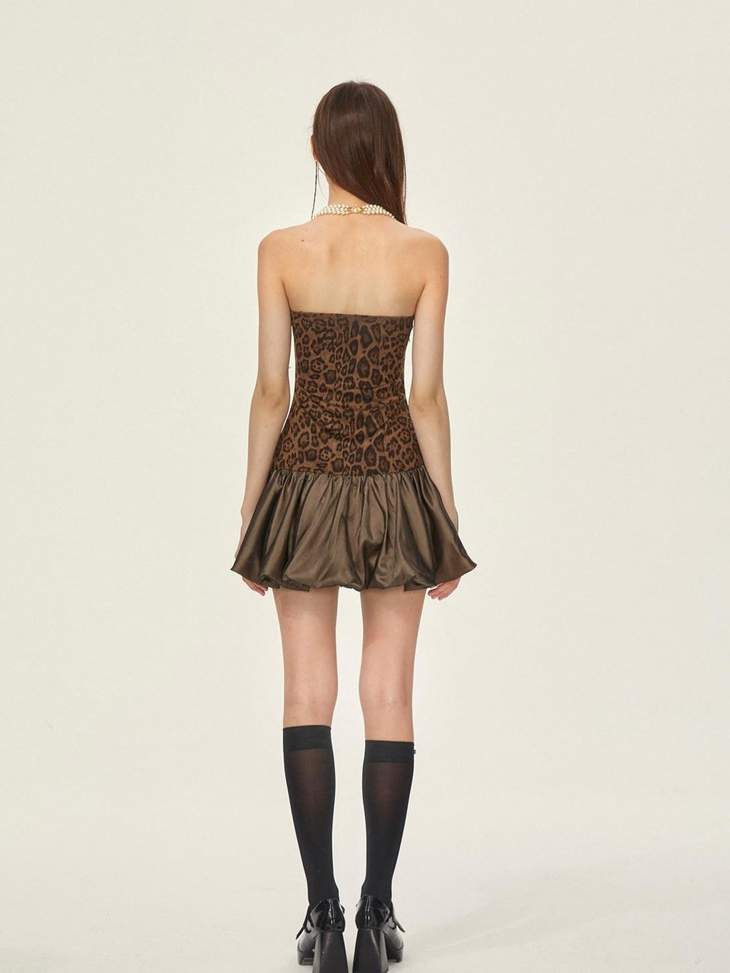 Girly Fancy Club Leopard Suede Tulip Puff Padded Bust Women's Polyester Halter Mini Dresses