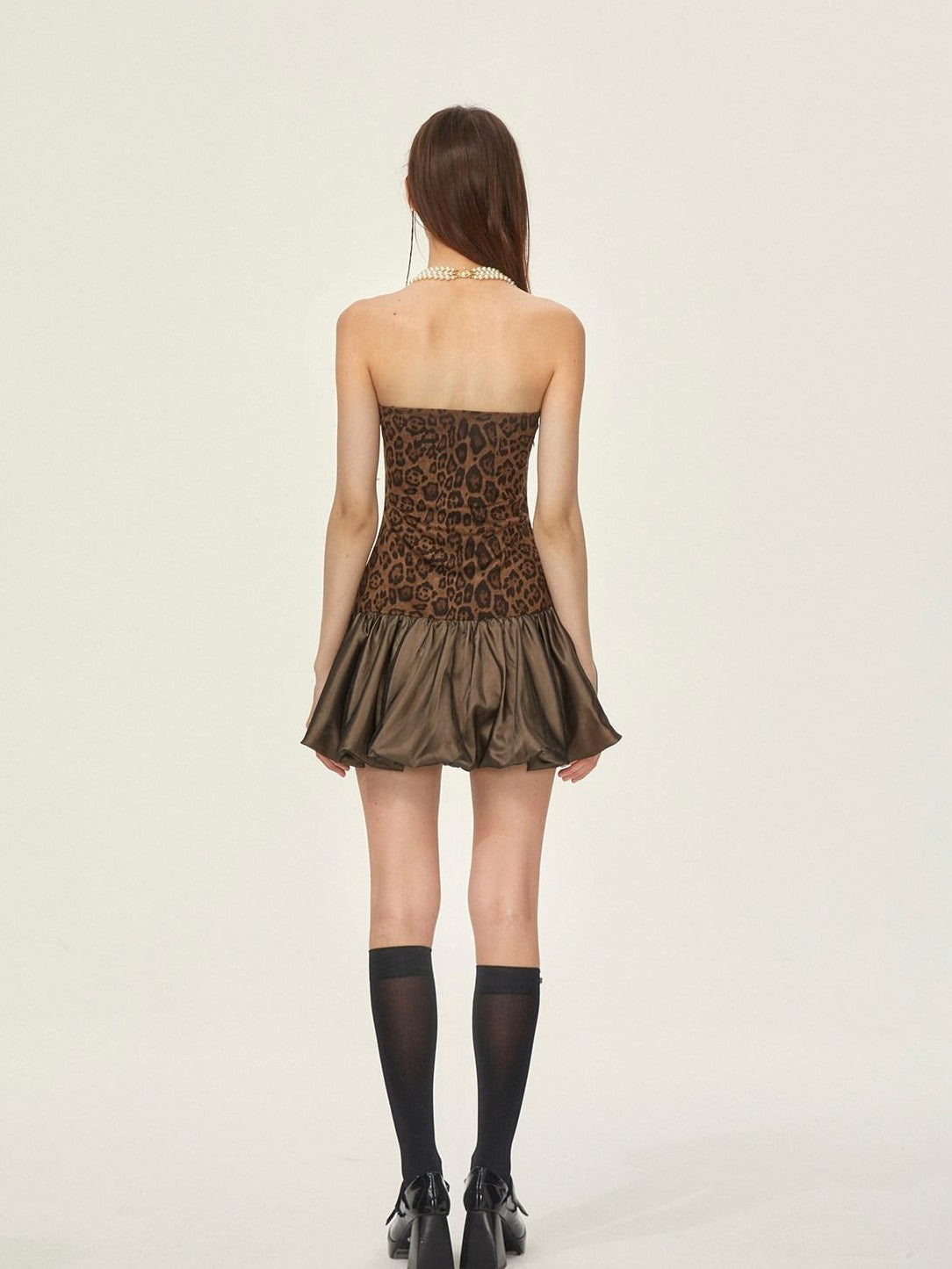 Girly Fancy Club Leopard Suede Tulip Puff Padded Bust Women's Polyester Halter Mini Dresses