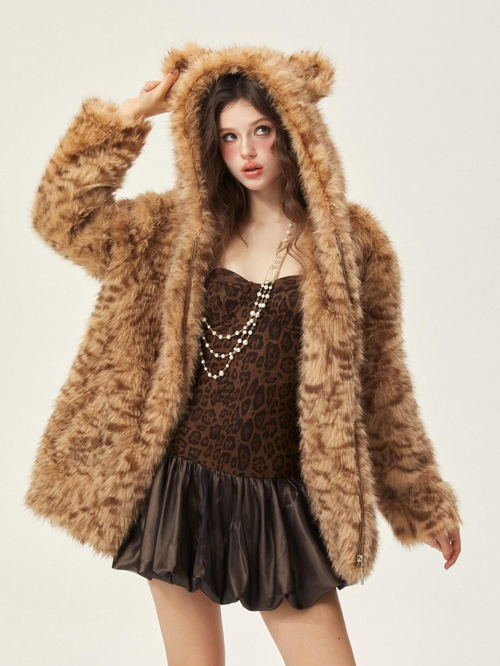 Girly Fancy Club Leopard Suede Tulip Puff Padded Bust Women's Polyester Halter Mini Dresses