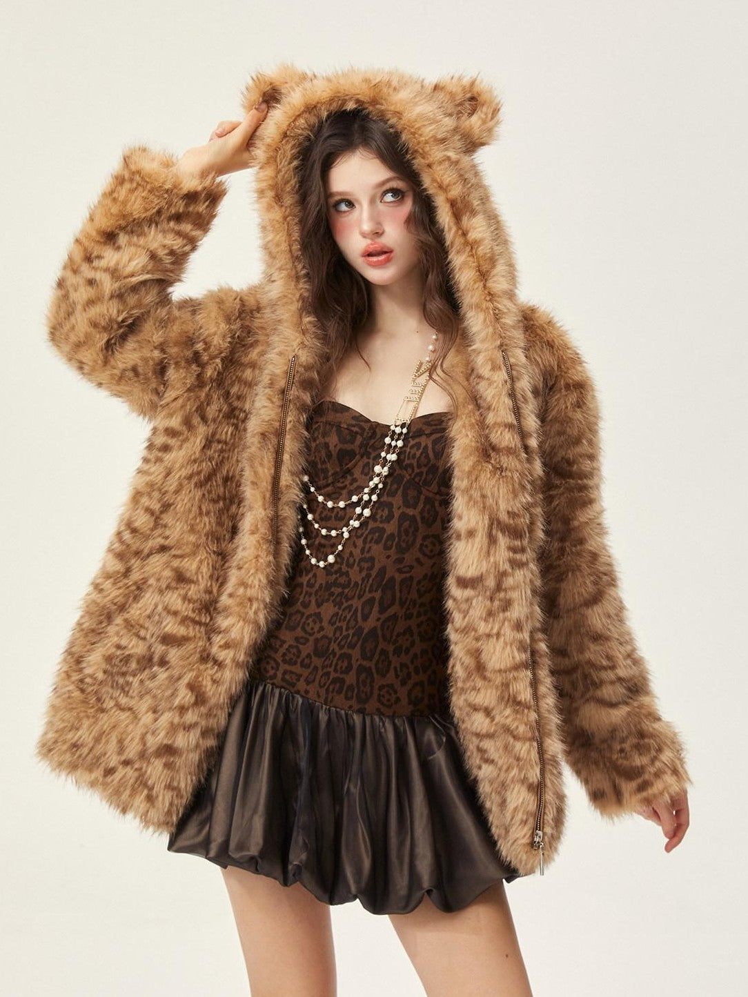Girly Fancy Club Leopard Suede Tulip Puff Padded Bust Women's Polyester Halter Mini Dresses